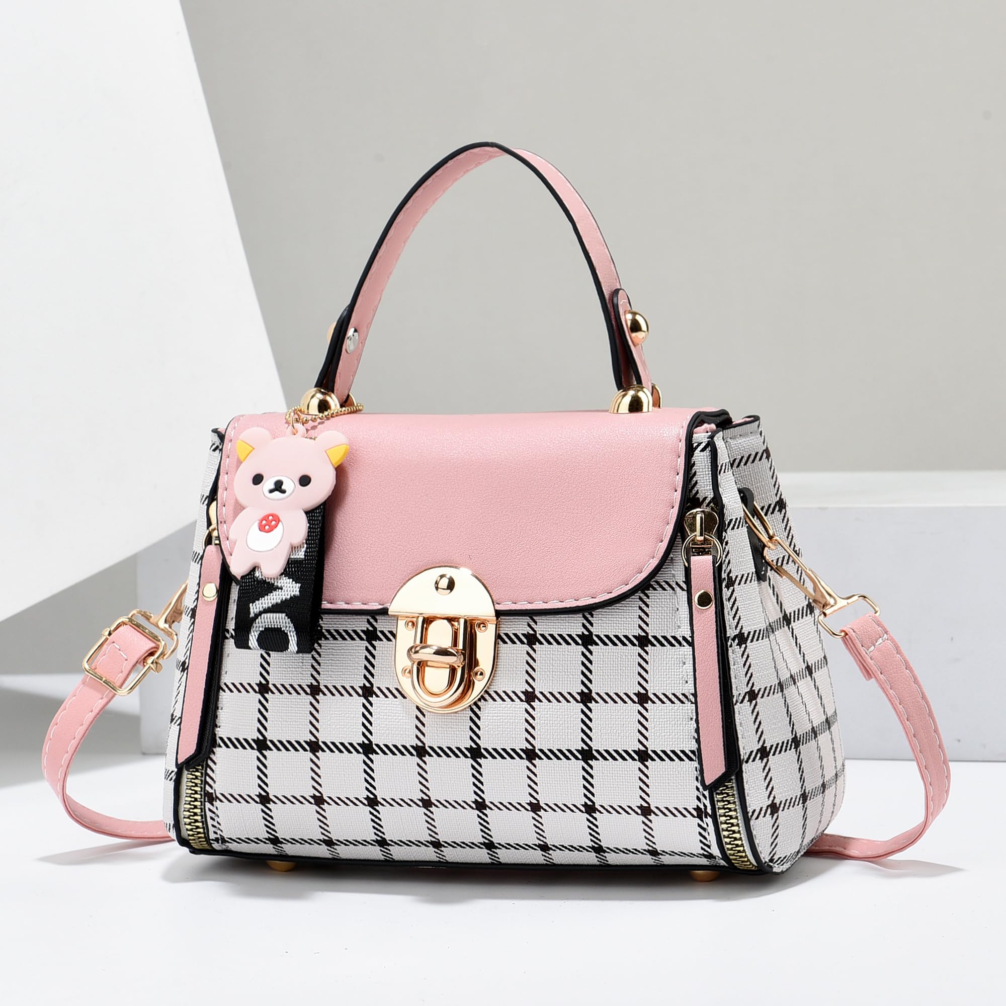Xiaoyu Small Purses and Handbags for Women Fashion Crossbody Bag Lightweight Shoulder Bag Plaid Pattern Satchel (Pink)
