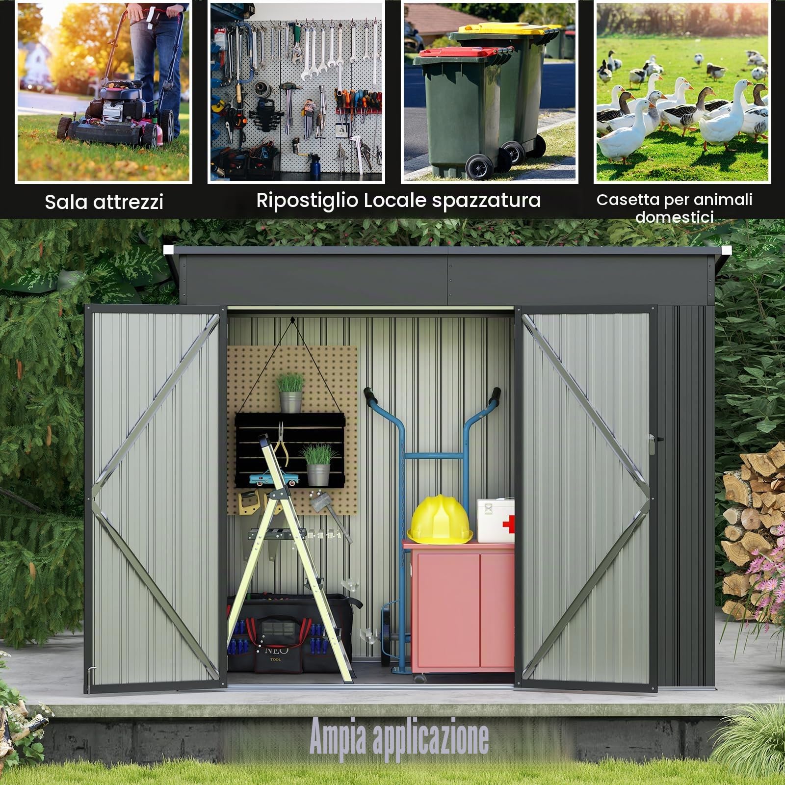 HOMASIS Casetta Attrezzi Giardino in Metallo, Capanno per Attrezzi con 2 Porte e 2 Finestre per Ventilazione, 235 x 117 x 185 cm, Ripostiglio da Esterno con 2 Paia di Guanti (Grigio Scuro)