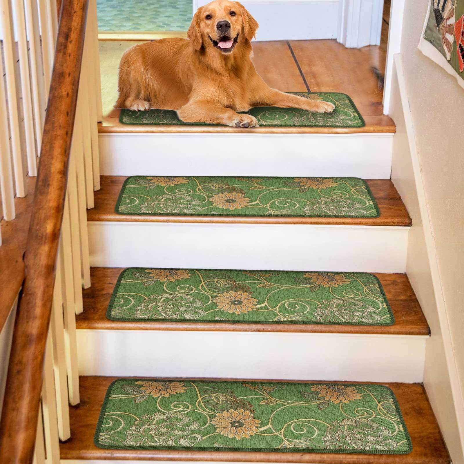 Seloom Floral Pattern Non-Slip Stair Treads Carpet with Skid Resistant Backing Specialized for Indoor Wooden Steps (30x8Inch, 13 Pieces, Green)