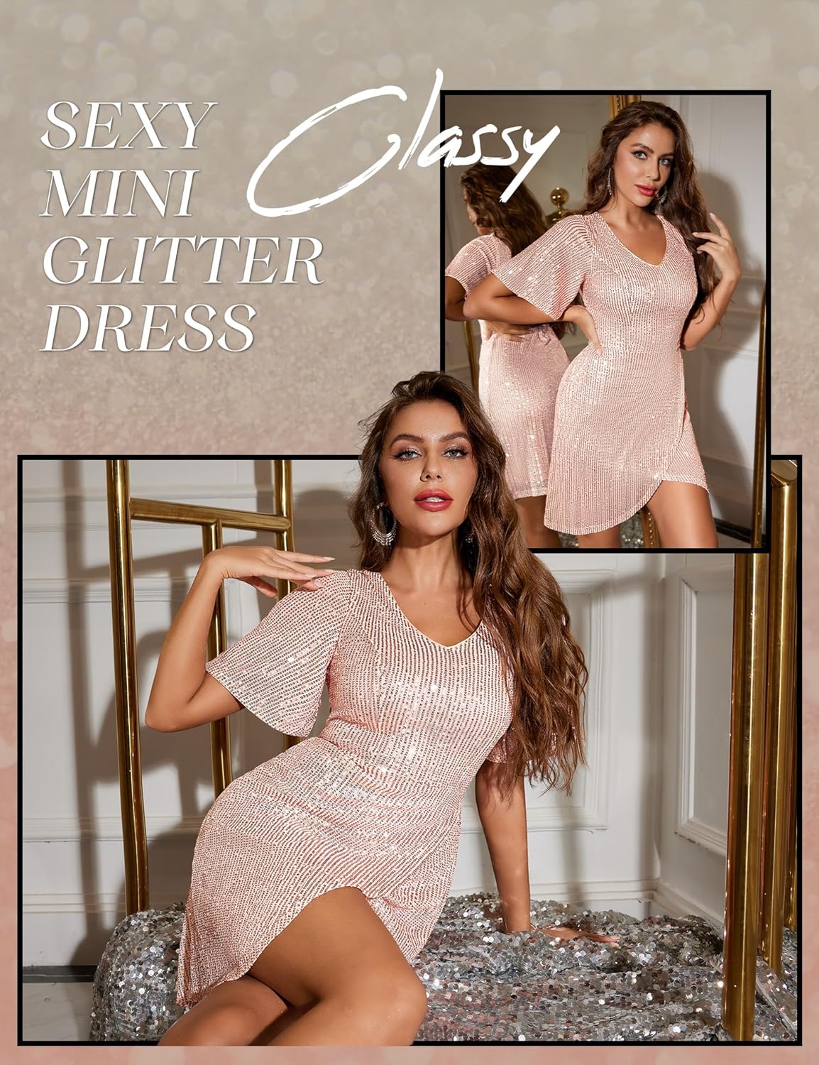 Dressystar Women Sequin Cocktail Prom Dress Semi Formal V Neck Short Sleeve Glitter Sparkly Bodycon Elegant Party Dresses - Image 5