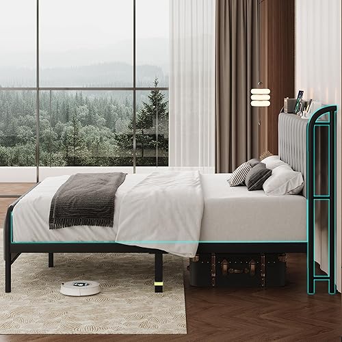 Miniatura 7 de iPormis Base de cama de metal tamaño King con estación de carga, cabecera y estribo de terciopelo, soporte de acero resistente, almacenamiento