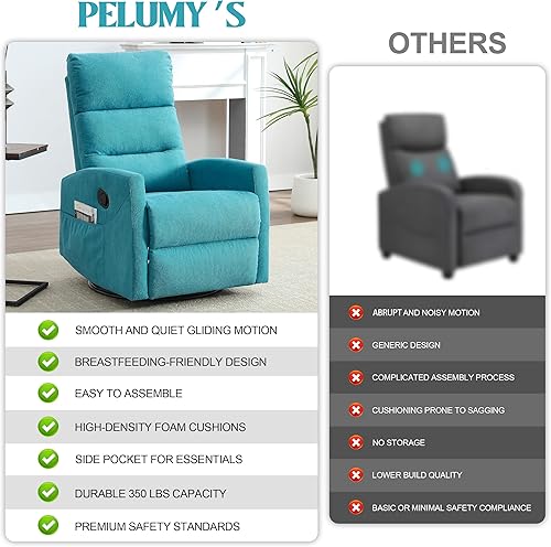 Miniatura 6 de PELUMY Silla reclinable manual con giro y balanceo de 360, sillón reclinable de tela para sala de estar, dormitorio, guardería, montaje sin