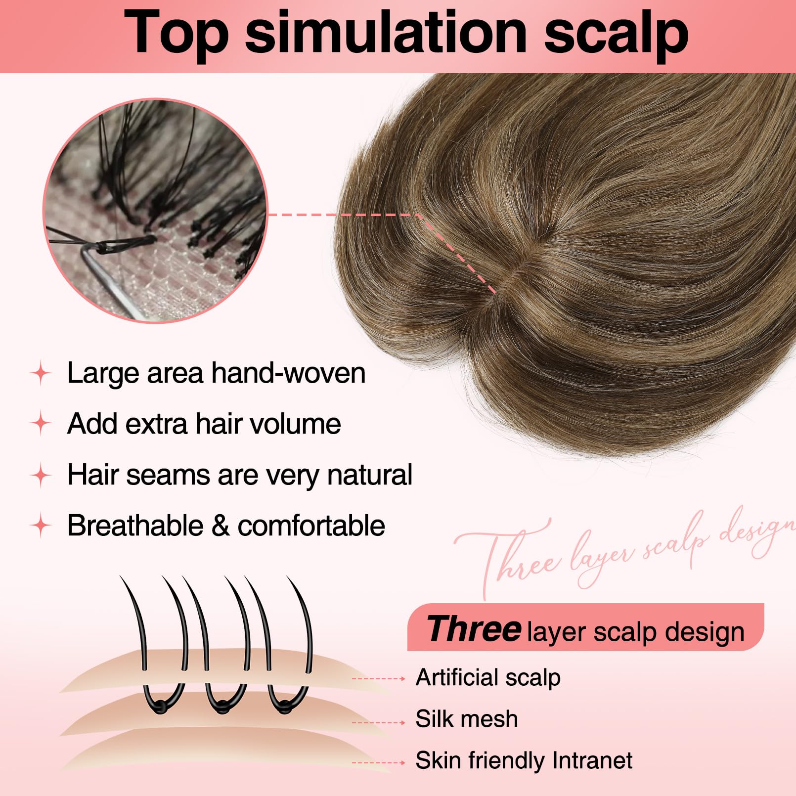 Flufymooz Real Human Hair Toppers for women 10 Inch Clip in Bangs 100% Human Hair Toppers for Thinning Hair Cover Hair Topper Hair Pieces with 150% Density Silk Base-Chocolate Brown with Blonde - Image 3