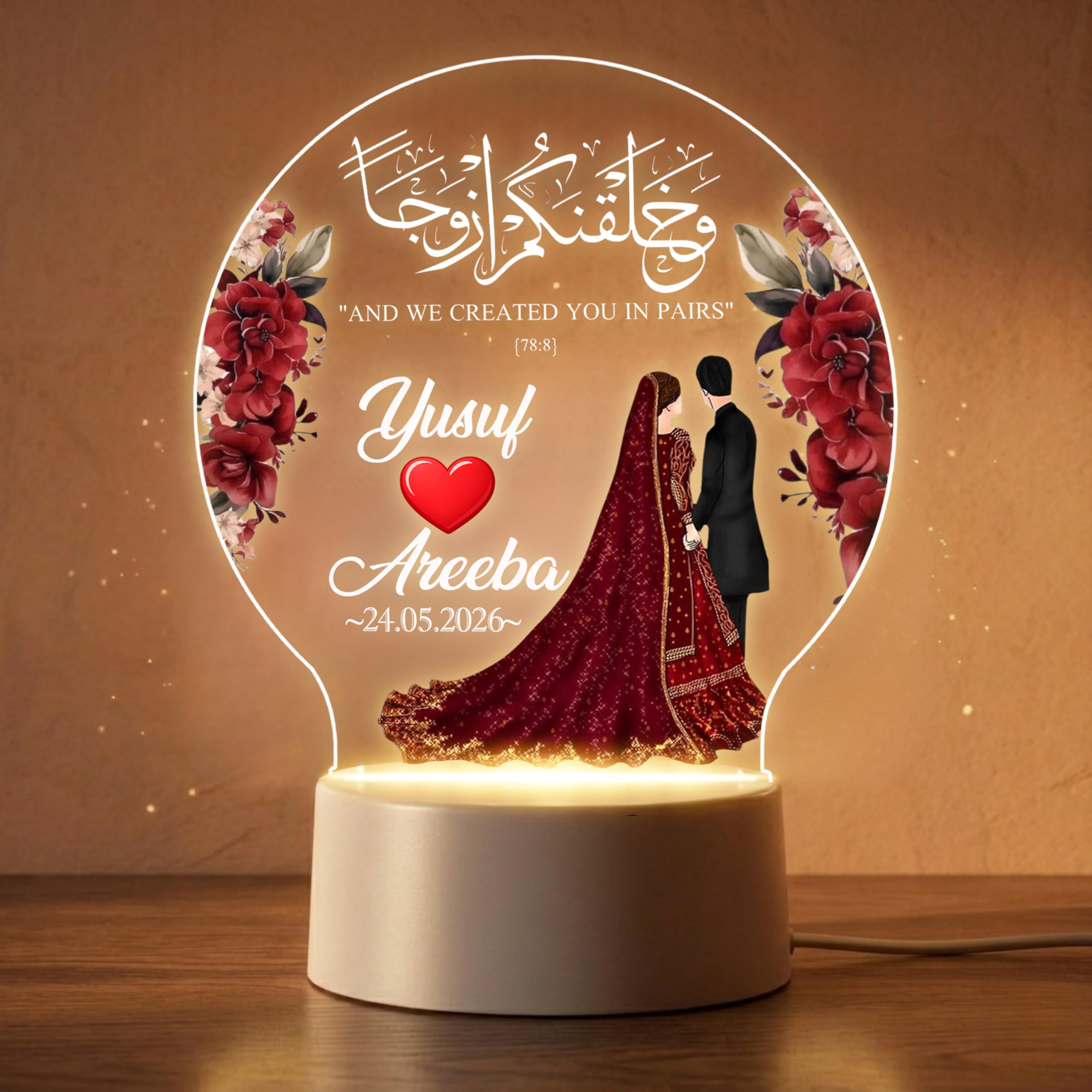 Muslim Couple LED Lamp | Personalized Acrylic Night Light with Names | Islamic Wedding Gift | Nikah Decor Lamp | Romantic Bedroom Light Gift for Anniversary Couples | Size (5.5x5.5) inch-image-4