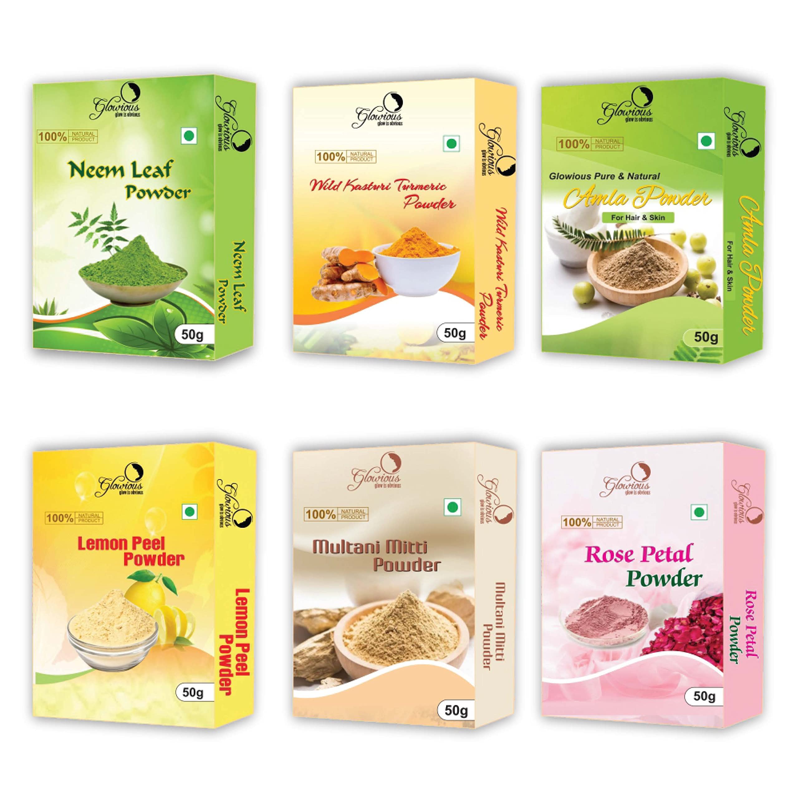 Natural Skin Care Combo Pack - 6 Organic Powders (Neem, Rose, Multani Mitti, Turmeric, Lemon Peel, Amla), 300g Total | Detoxify, Brighten, and Nourish | Herbal Beauty Routine Essential