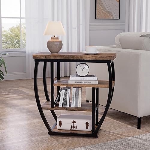 Miniatura 4 de Mesa auxiliar de 4 niveles con almacenamiento, mesa auxiliar estrecha para sala de estar, mesa de sofá de madera con marco de metal, mesita de noche