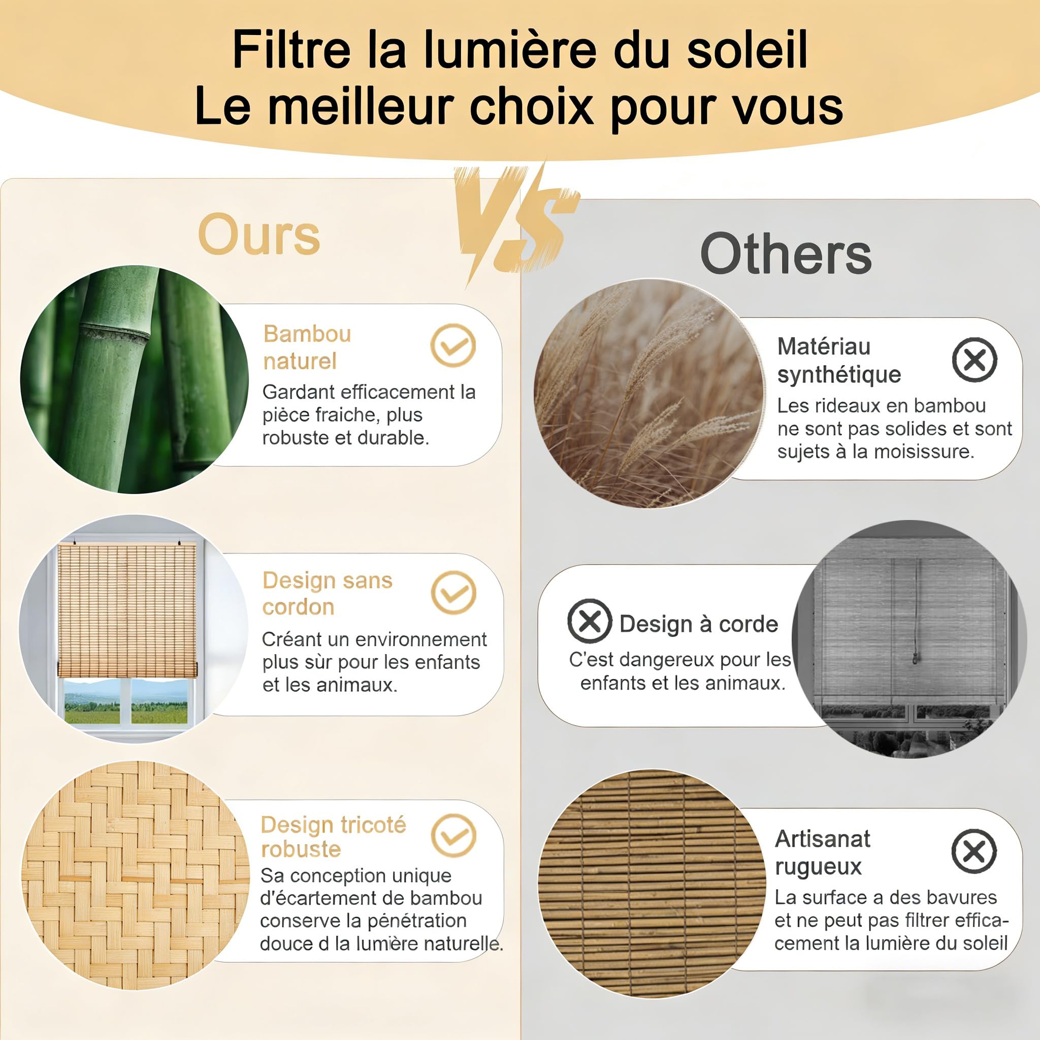 Store Enrouleur en Bambou Opaque, Protection Solaire et Brise-Vue pour Porte/fenêtre (Marron, 90 x 220 cm)