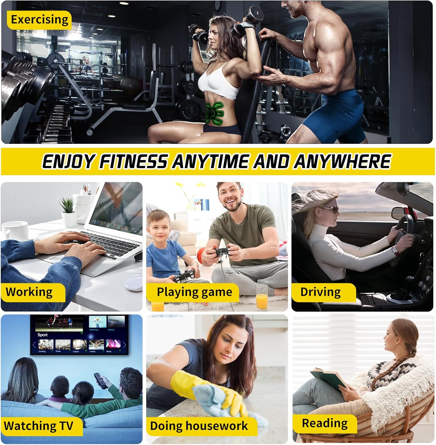 People using the SEVEKO EMS stimulator during various daily activities.