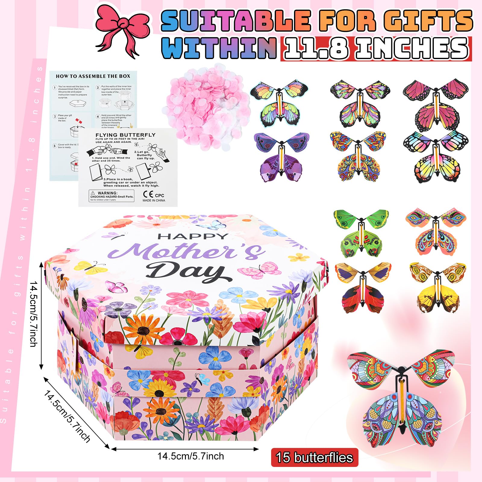 AmazingSpark Happy Mother's Day Flying Butterfly Surprise Explosion Gift Box 5.7 x 5.7 x 5.7 Inches Gift Explosion Box with 15 Pcs Flying Butterfly Exploding Surprise Gift for Mother's Day Birthday