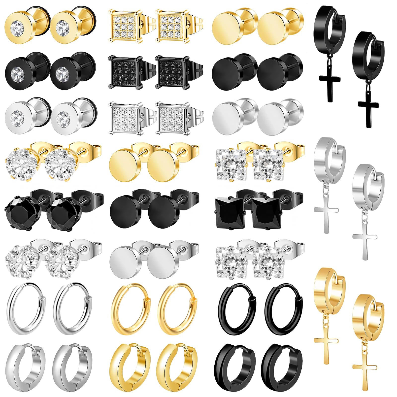 27 Paris Stianless Steel Earrings for Men Hypoallergenic Cubic Zirconia Mens Earrings Stud Hoop Earrings Dangle Cross Earring Piercings Jewelry Set for Men Women Silver/Gold/Black-image-18