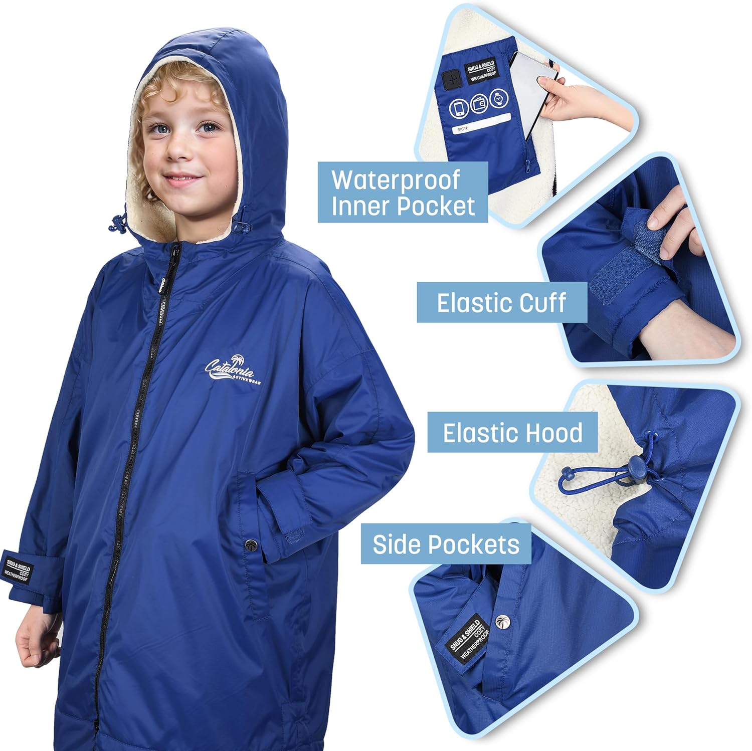Catalonia Swim Parka with Hood, Lightweight Youth Surf Swim Jacket, Waterproof & Warm Sherpa Lined Swim Coat
