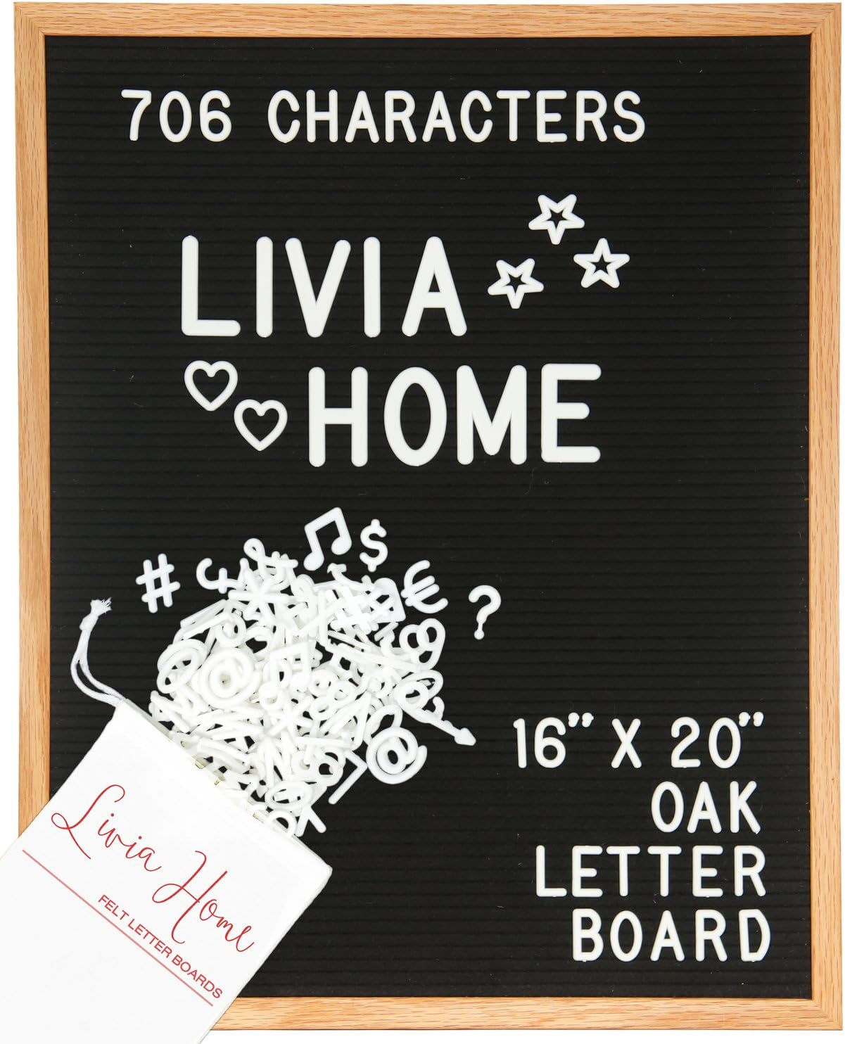 Letter Board – Black Felt Sign with 706 1” and 2” White Plastic Changeable Characters – Large Wooden 16 x 20 inch Solid Oak Frame – With 7x5 inch Canvas Bag - Vintage Display by Livia Home