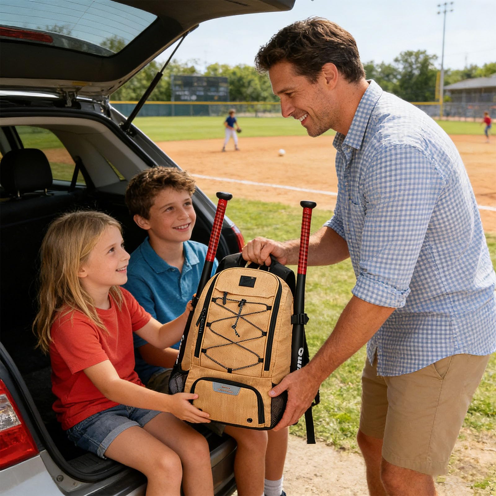 Trendiger und praktischer Baseball Trainingsrucksack mit viel Platz für Schlägerschuhe und andere Gegenstände sowie leicht zu pflegendem Schläger und Handschuhplaner aus Stoff