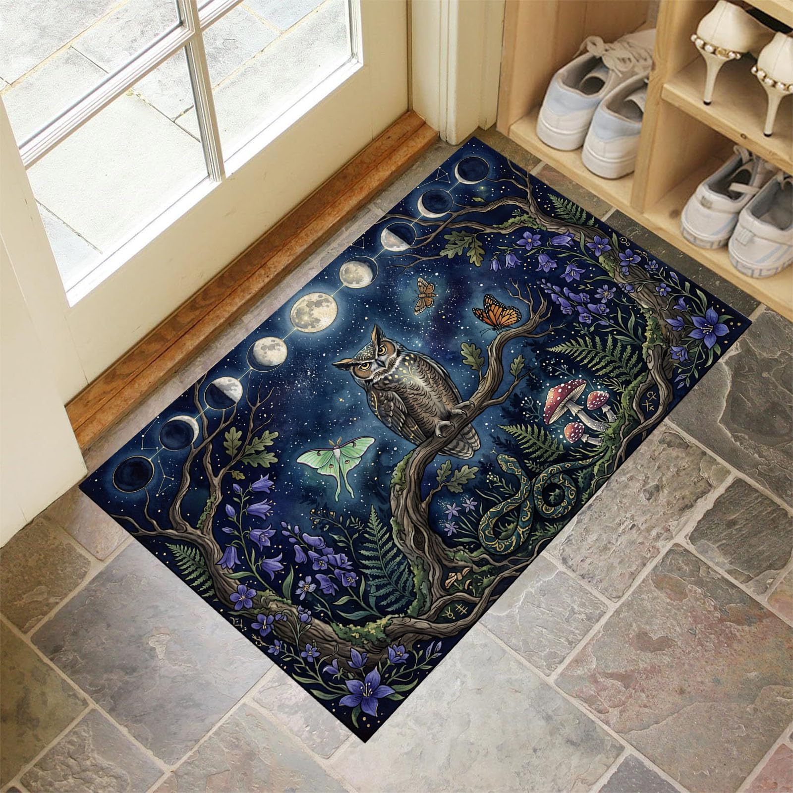 60X90Cm Zerbino Ingresso Interno Antiscivolo Assorbente, Tappeto Microfibra Sottile Lavabile Con Fasi Lunari Misteriose Cielo Stellato Gufo Foresta Incantata Per Cucina Bagno Porta Animali, Blu Navy
