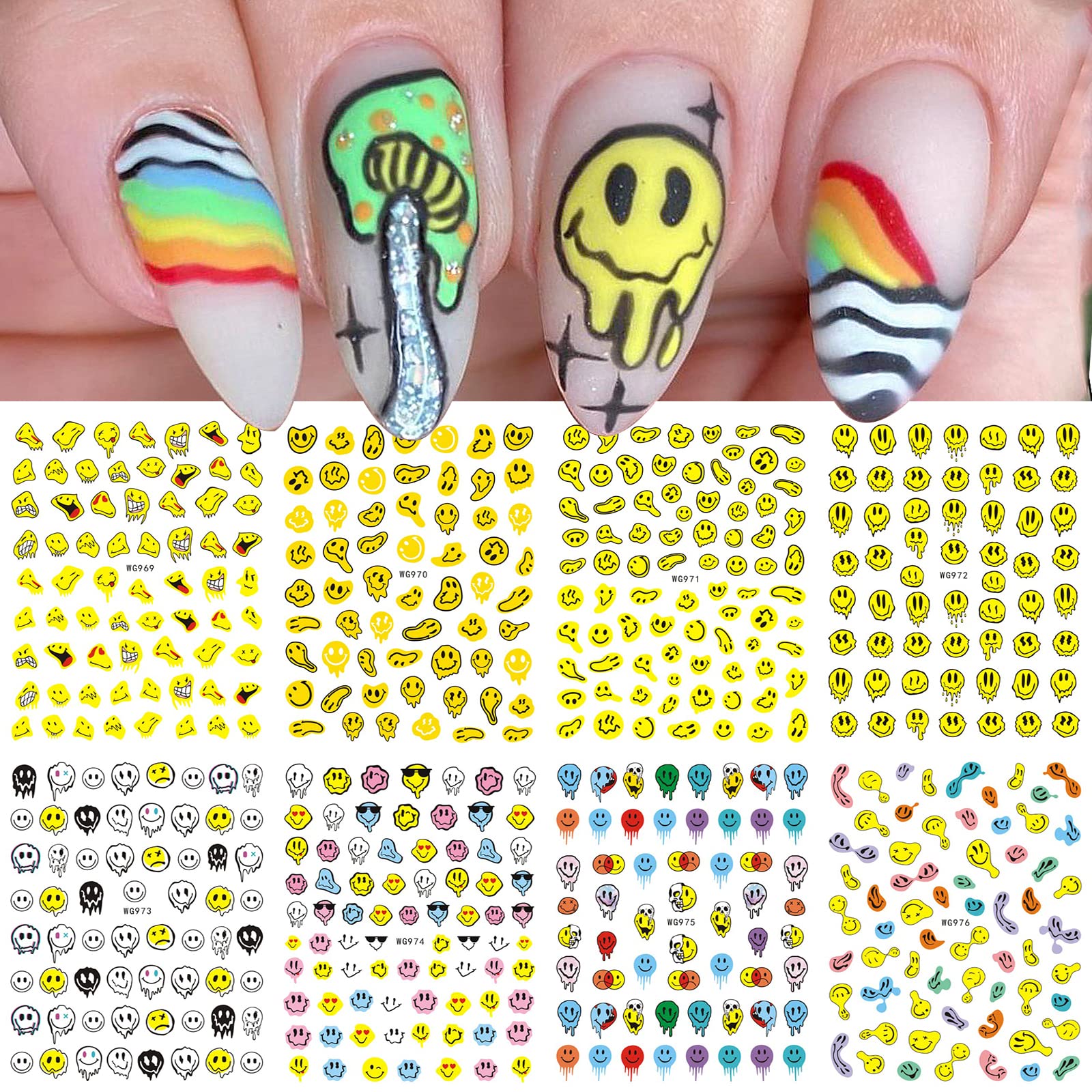 Photo 1 of **BUNDLE OF 6**  8 Sheets Nail Art Stickers Decals Self-Adhesive Pegatinas Uñas Abstract Cute Yellow Happy Lucky Face Nail Supplies Nail Art Design Decoration Accessories