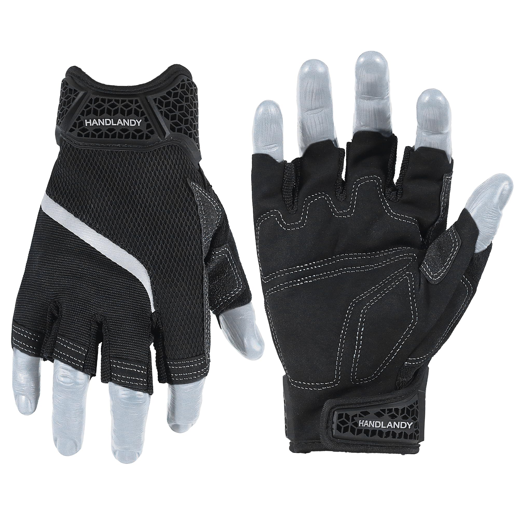 HANDLANDY Fingerless Work Gloves, Men Women Padded Half Finger Framer Mechanic Construction Carpentry Working Gloves (Shadow Black, M)