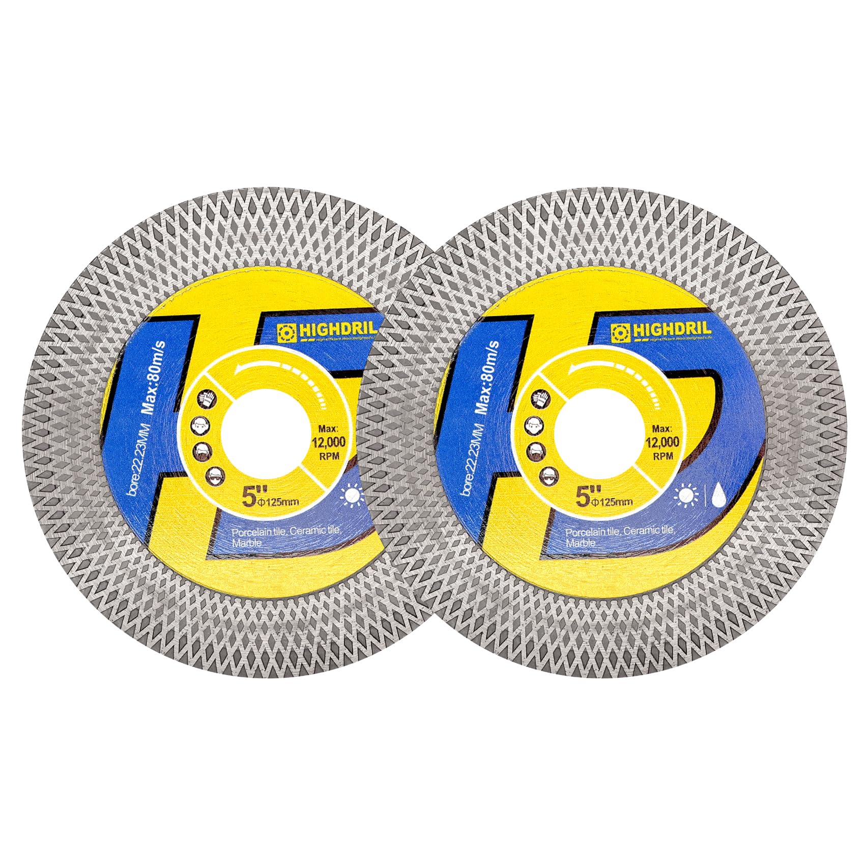 HIGHDRIL Lot de 2 disques de tronçonnage diamant pour carrelage - 125 mm - Pour coupe sec/humide et meulage de porcelaine, granit, marbre, céramique