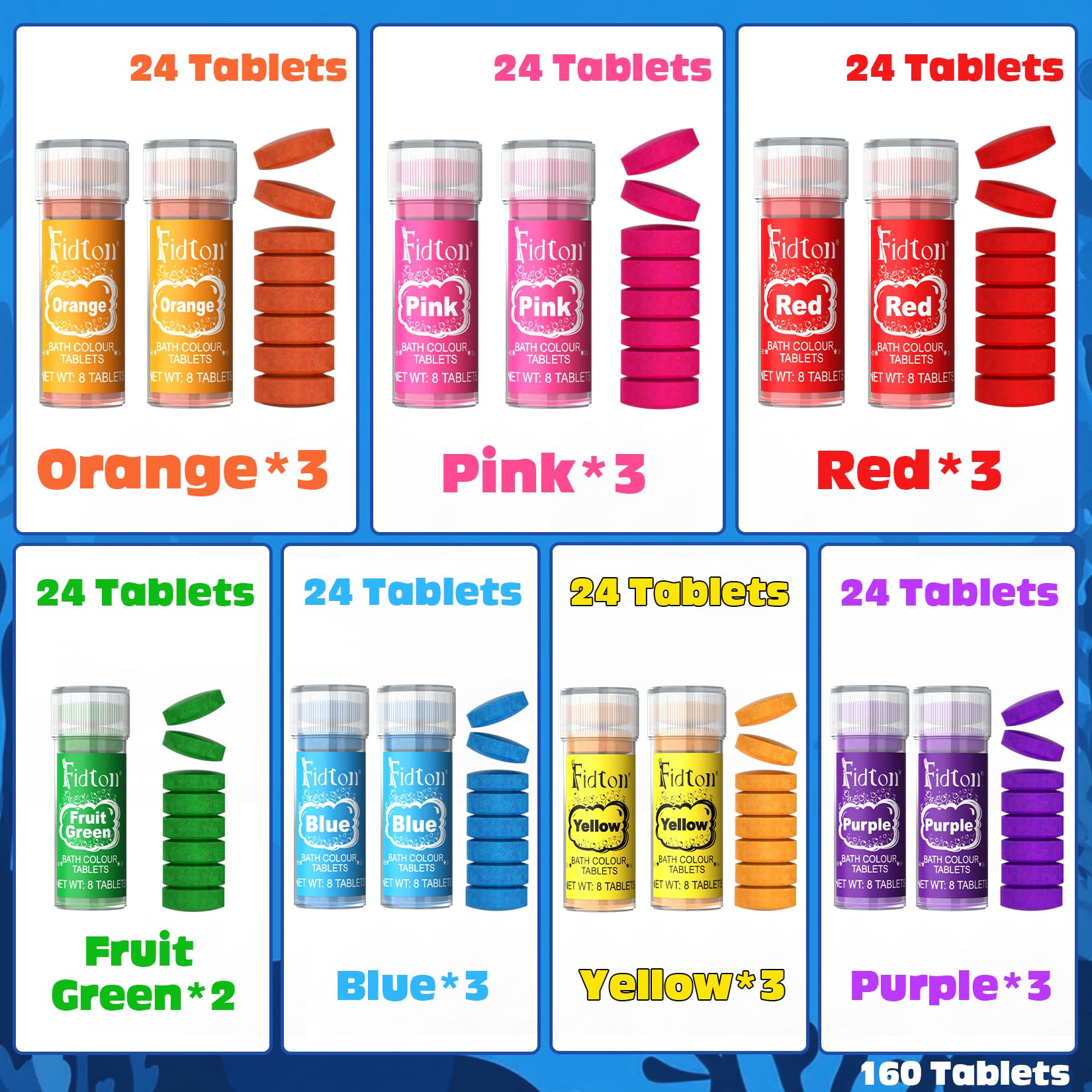 Boules de Bain - 160 Comprimés de Boule de Bain, de Qualité Alimentaire, Doux pour la Peau, Bath Colour Tablets pour le Bain Moussant, la Teinture des Œufs - 7 Couleurs Vives