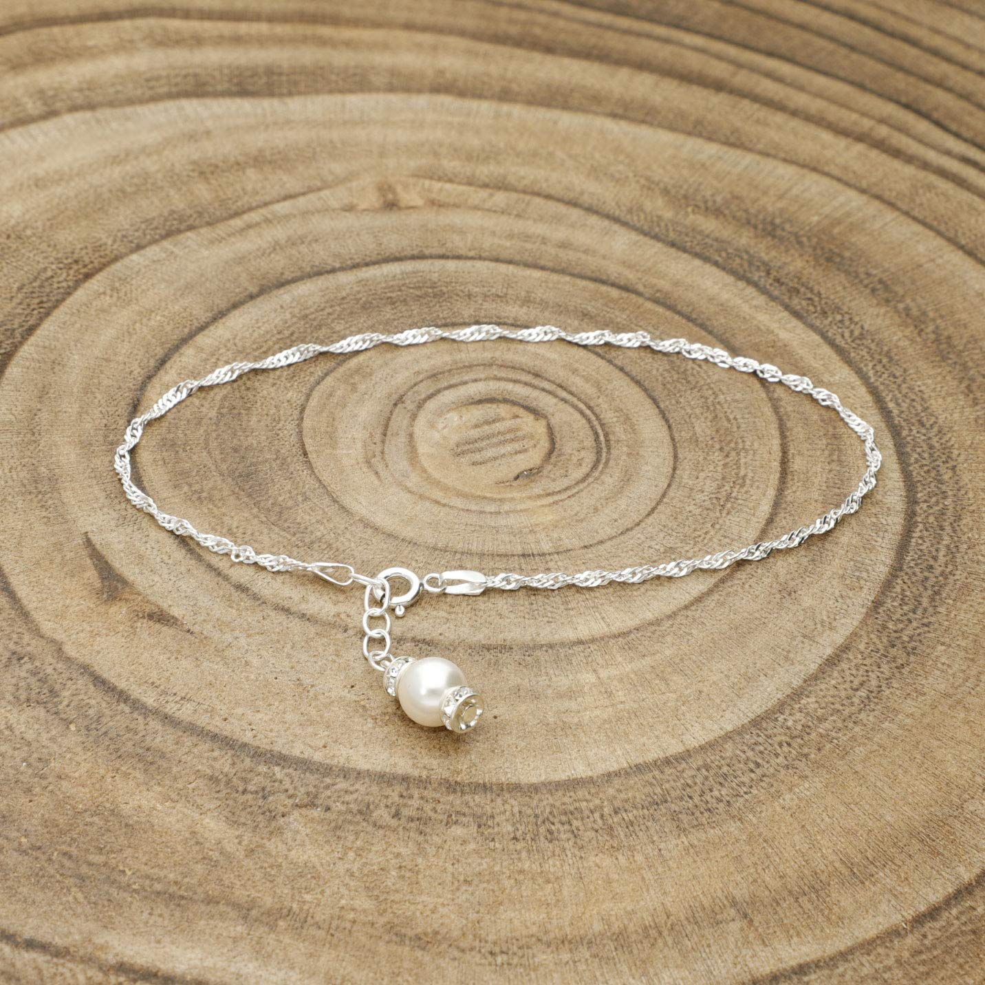 Tobillera para mujer, plata de ley 925 con cristales Swarovski Perla, ideal para verano, sol, playa y vacaciones. Joya para mujeres y niñas