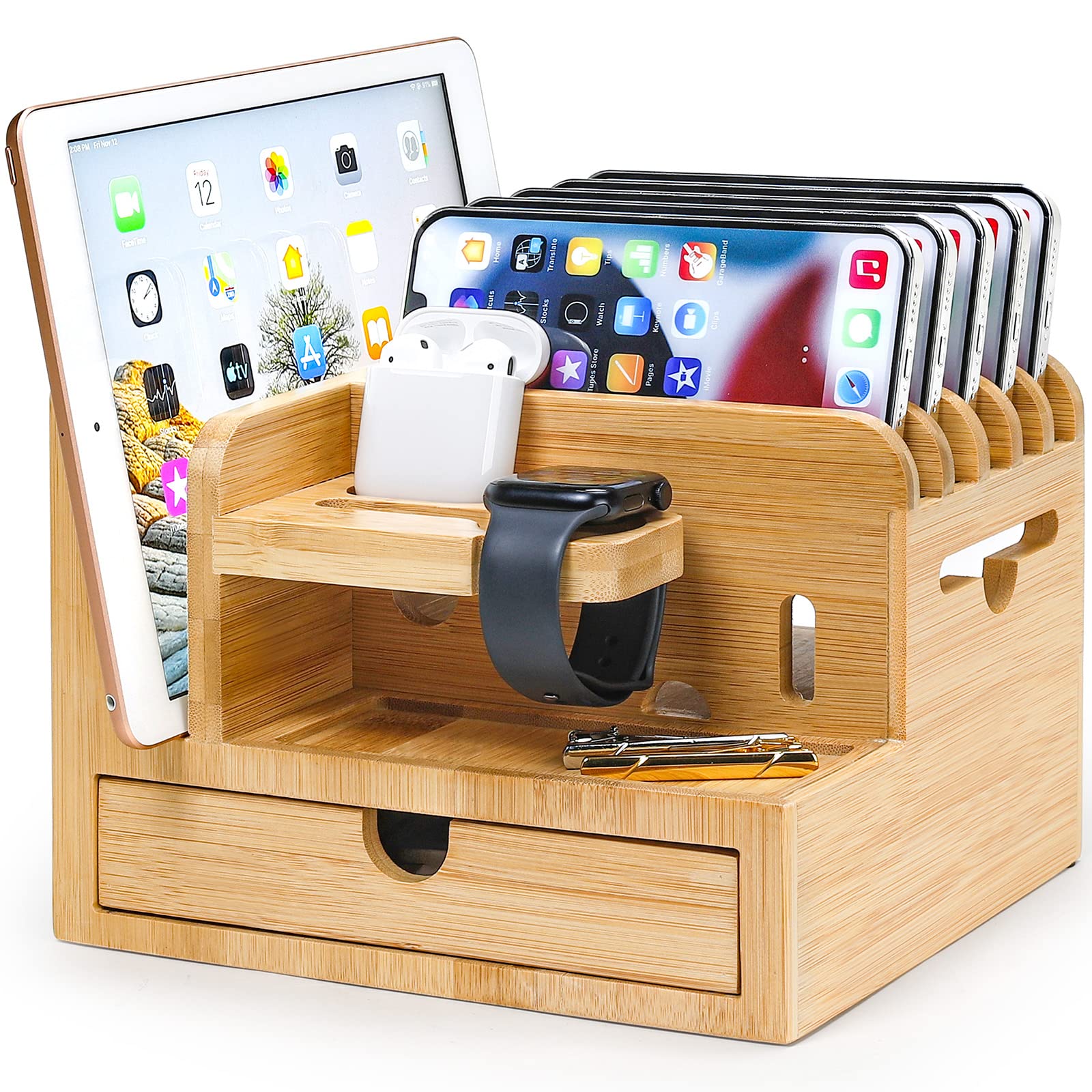 Photo 1 of Homde Natural Bamboo Charging Station Rack Organizer Holder with 5 Slots Drawer for Chargers Phones Watches Electronics