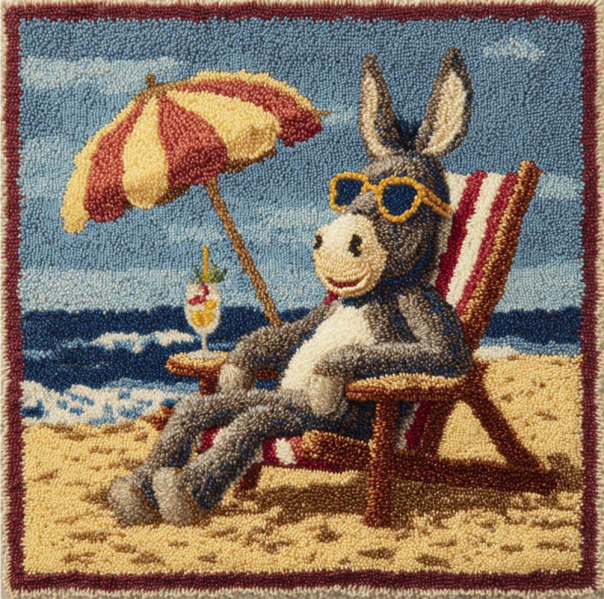 RKFLGEW DIY Latch Hook Kit Cartoon Donkey Animal On The Beach DIY Hook Latch Kit Pillowcase Rug Printed Cushion Crochet Yarn Embroidery Decoration Beginner 43x43cm