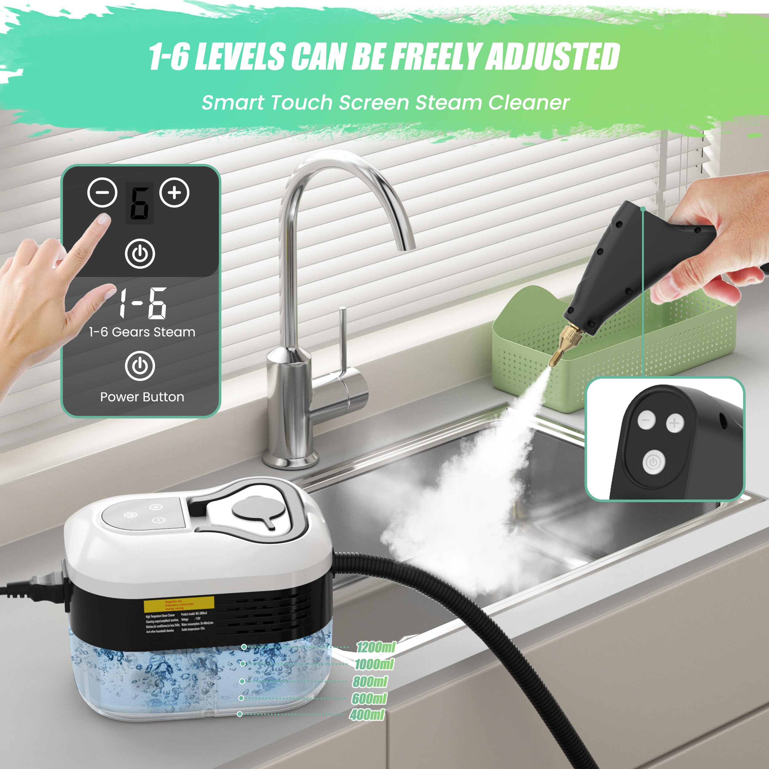 Limpiador de vapor de 2500 W para uso doméstico, mango ajustable de velocidad de 6 niveles, limpiador de vapor de mano de 1.2 L para el hogar, automóvil, cocina, muebles, piso, máquina de 3