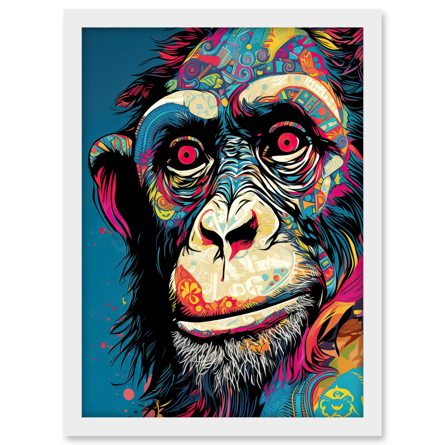 Artery8 Chimpanzee Acrylic Painting Vibrant Psychedelic Pattern Portrait Modern Artwork Framed A3 Wall Art Print