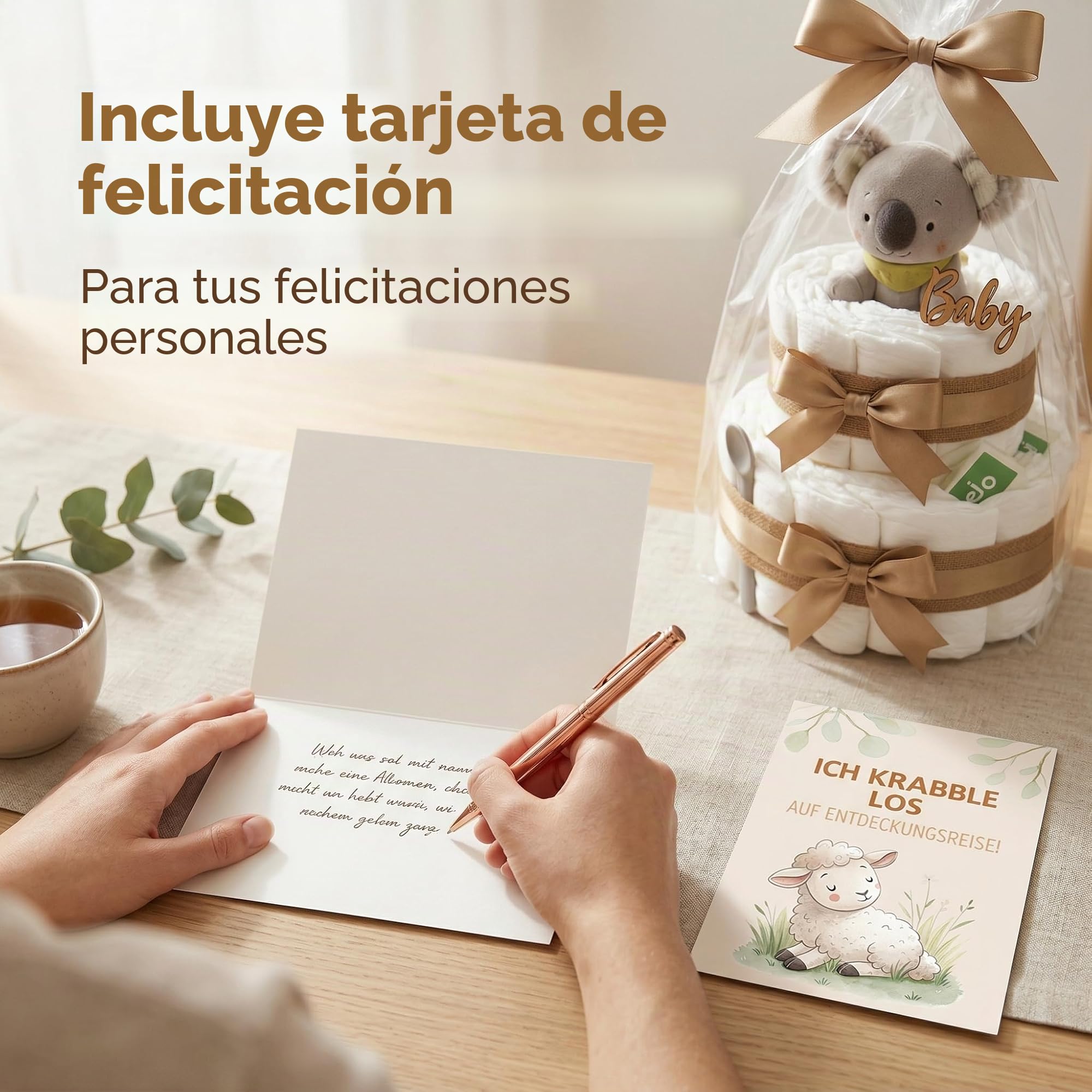 Tarta de pañales para niña y niño con koala Greifling – Boho Vintage [hecho a mano] – Regalo de nacimiento con agarrador koala y té orgánico – Tarta neutral y para baby