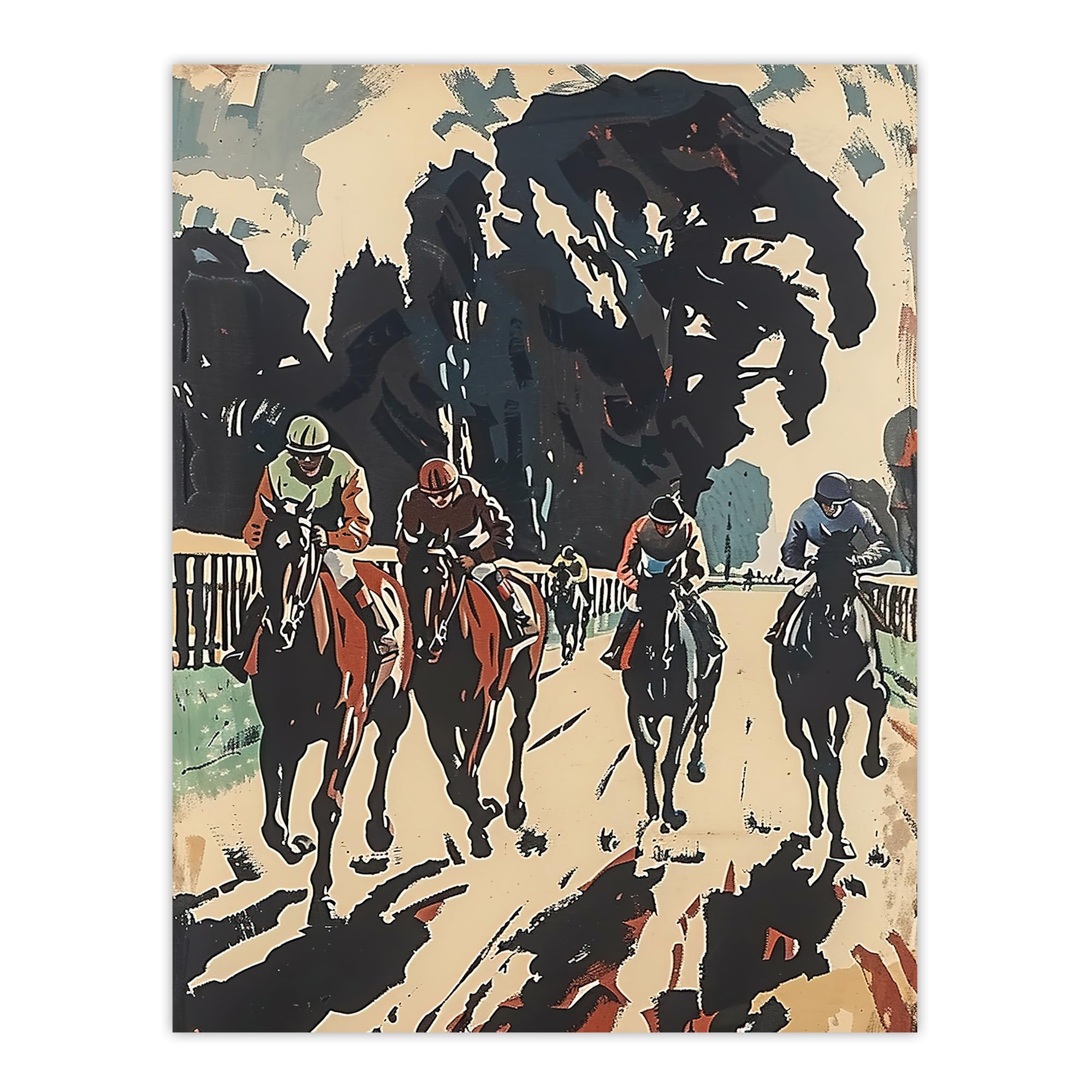 Horse Racing Scene Wall Art Print - Modern Jockeys Bold Artwork - Beige - W24 x H32 inch