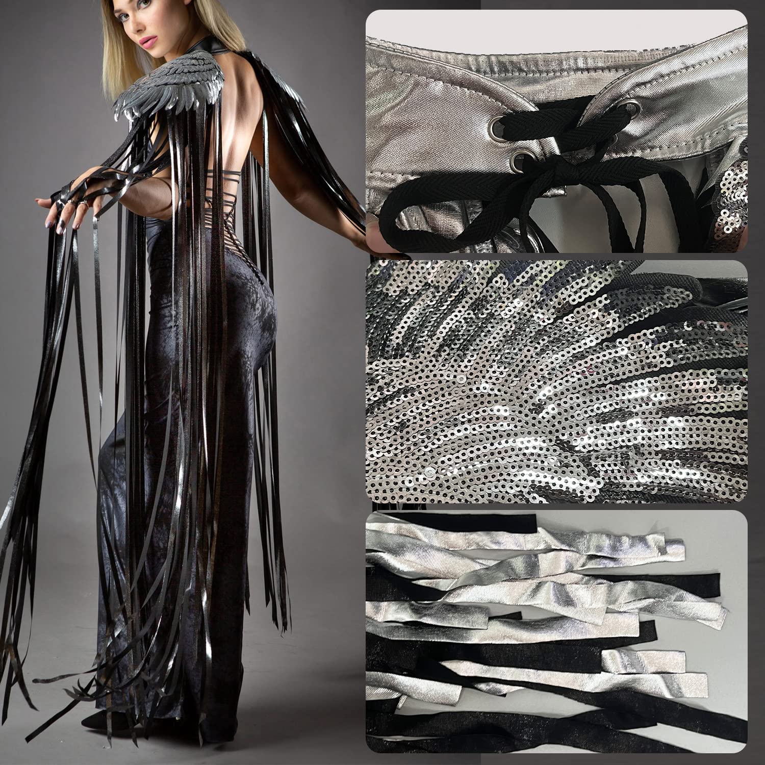 Ypser Shoulder Pieces With Fringed Angel Wings Cape Shawl For Burning Men Halloween Cosplay, Silver, L-XL - Image 3