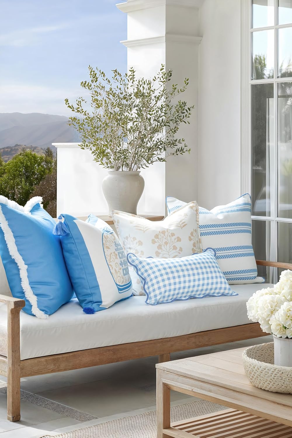 Hofdeco Premium Coastal Hampton Scalloped Patio Indoor Outdoor Lumbar Pillow Cover Only, 12"x20" Water Repellent for Backyard, Couch, Poolside, Baby Blue Print Gingham