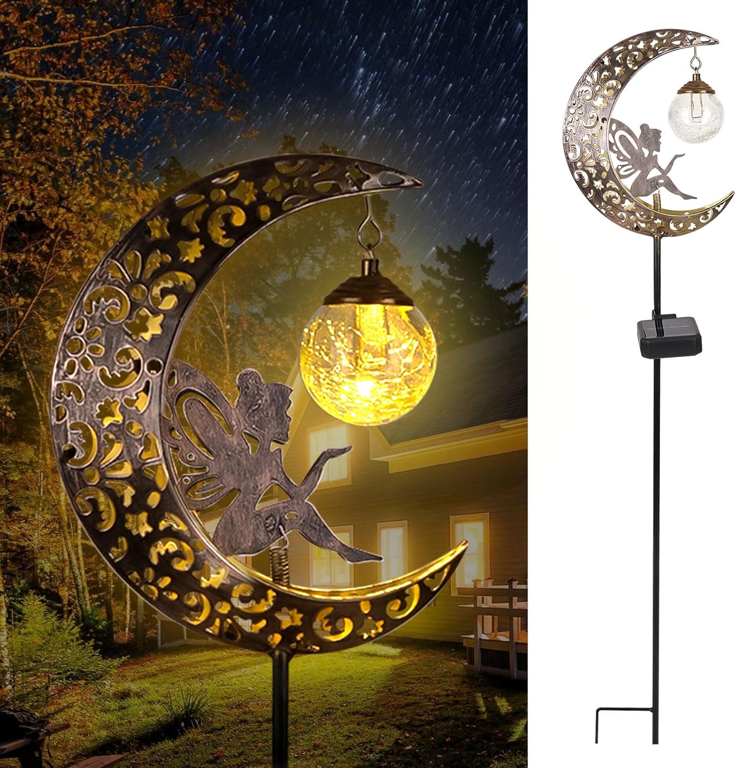 Solar Lights for Outdoor Garden Decoration for Outdoor Weatherproof Upgrade Moon Solar Lights with Garden Fairy LED Glass Ball Shepherd Hook for Shower Walkways Yard Patio Garden Decoration