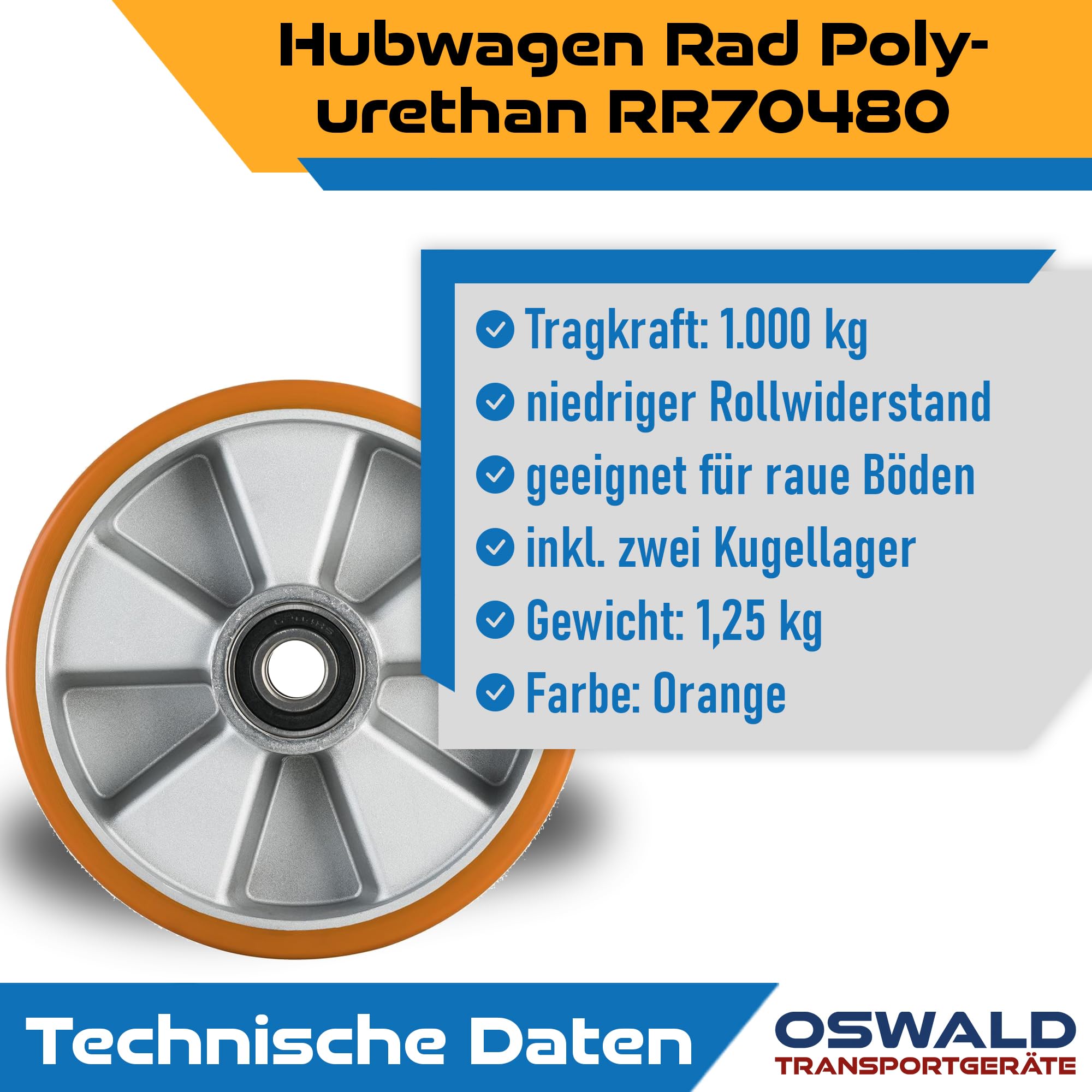 Hubwagen Rad Polyurethan 200 x 50/60 mm, Achse 20 mm - Ersatzrad inkl. Kugellager