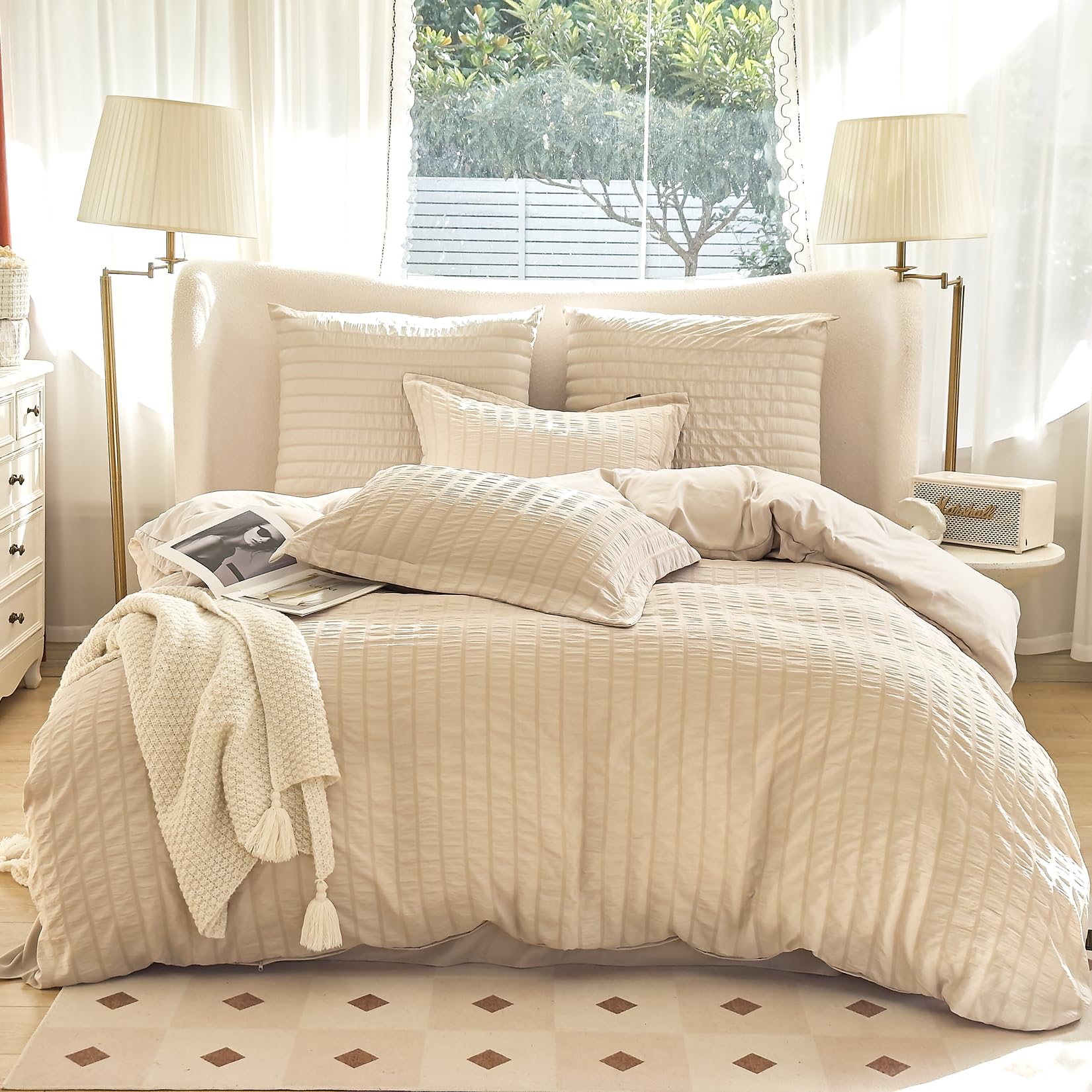 Seersucker Bettwäsche 200x200 Beige Streifen Atmungsaktive Mikrofaser Bügelfreie Bettwäsche 3 Teilig Set mit Reißverschluss Kühl und Komfortabel für Sommer Doppelbett
