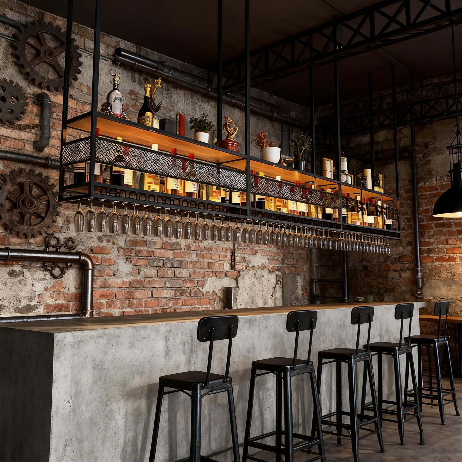 Deckenregal Weinregal, Hängendes Weinglasregal aus Metall, 2-stufiges Bar-Display Weinlagerhalter, für Bar Restaurant Cafe Küche (Schwarz, 120cm)