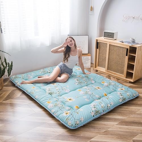 Miniatura 175 de MAXYOYO El mármol negro imprimió el futón japonés, la almohadilla de dormir espesa enrolla el colchón que acampa Mármol negro,Flor 1,floral azul