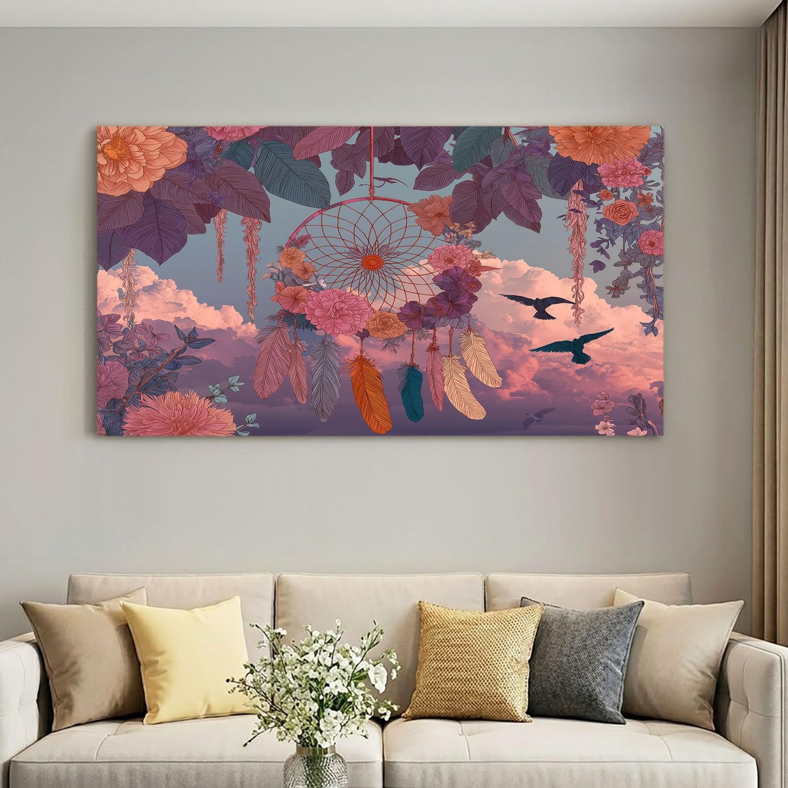 Leinwandbild Wohnzimmer Wandbilder Boho Stil 90 x 60 cm Bild auf Leinwand Kunstdruck Deko für Schlafzimmer, Flur, Büro und Küche - Traumfänger Federn Blumen Rosa