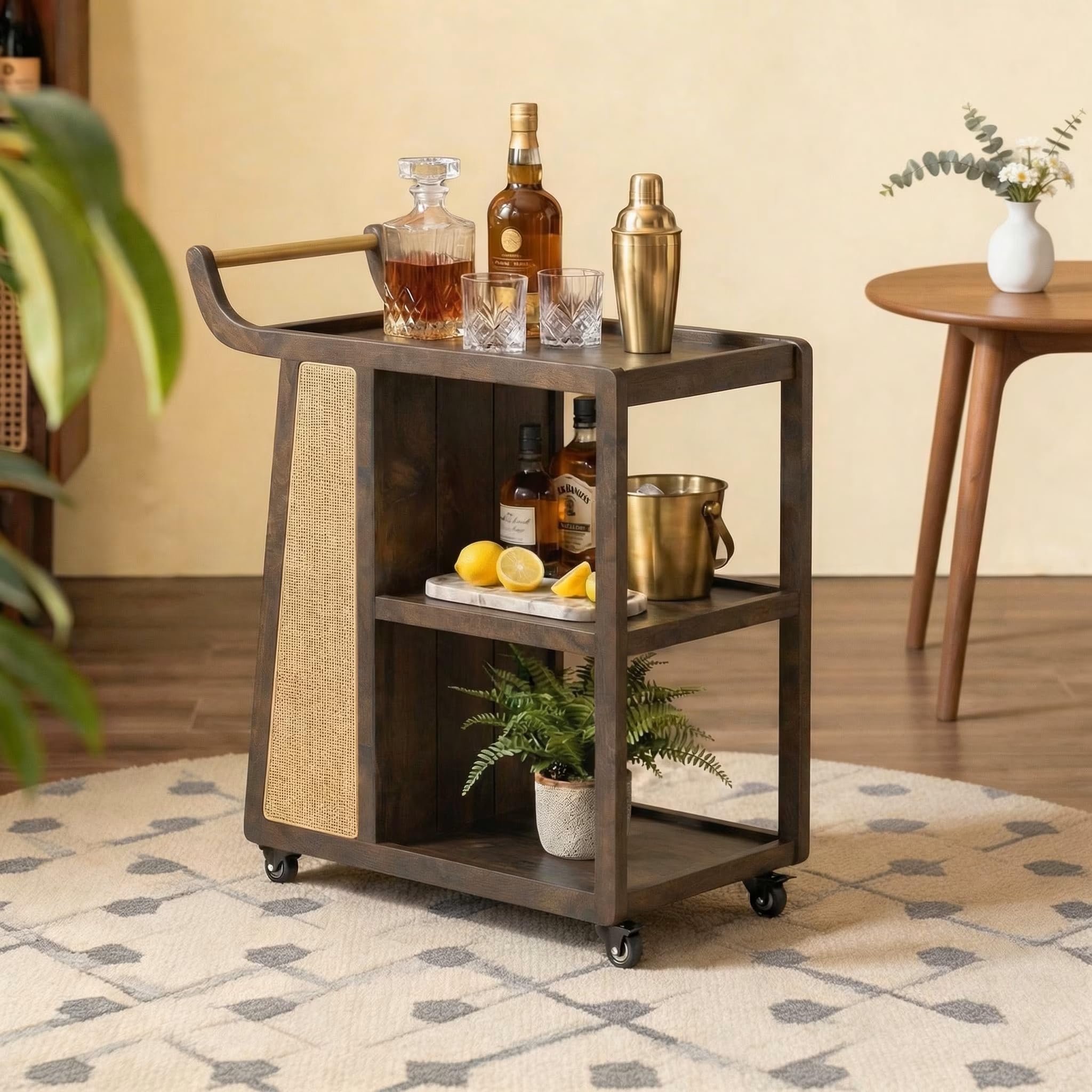Cane & Mango Wood Bar Trolley, Danish Walnut Finish Serving Cart with Storage Shelves for Drinks, Kitchen, Dining & Home Bar Furniture | Mini Bar for Home-image-4