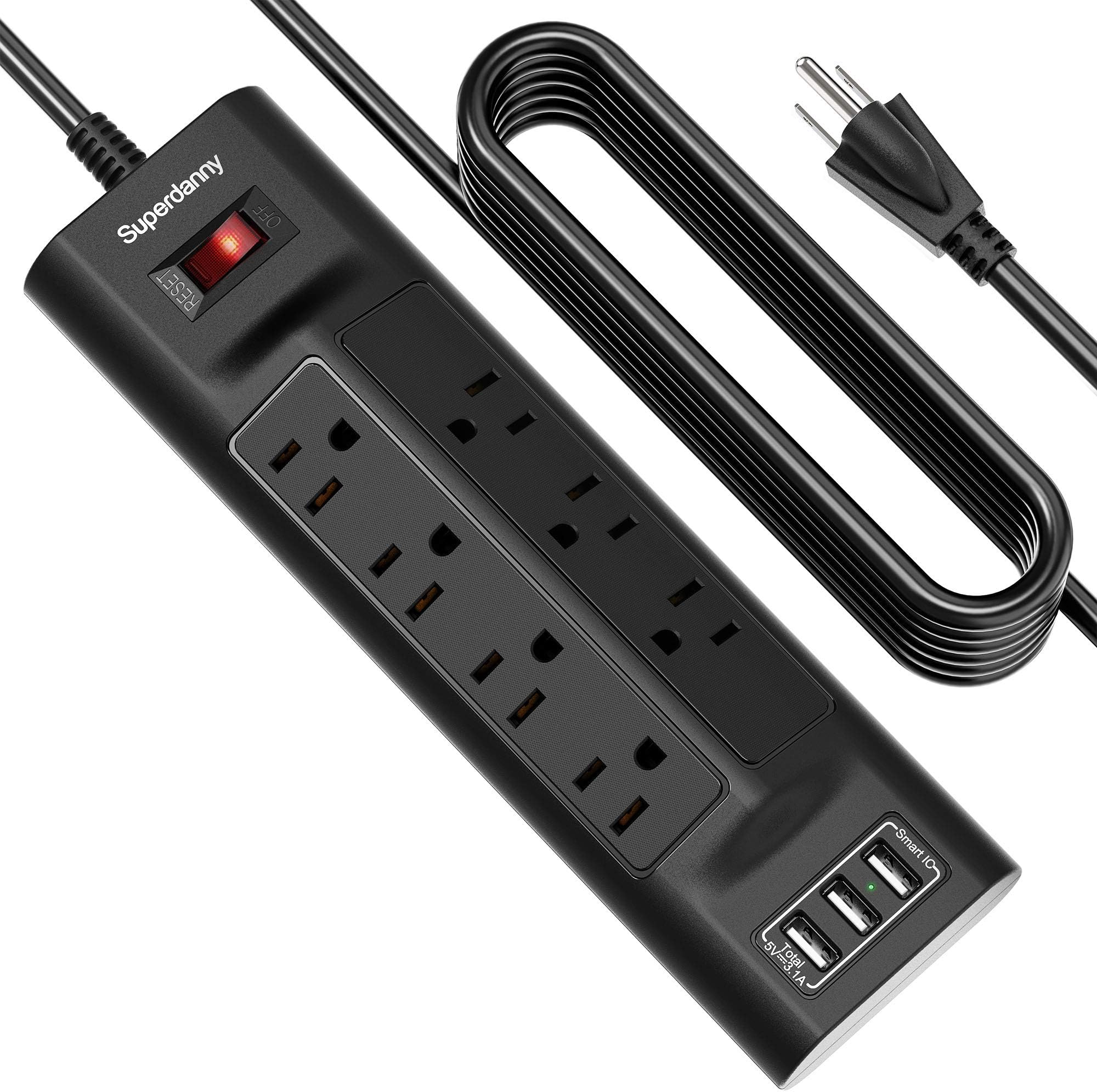 10 Ft Surge Protector Power Strip with USB, 7 Outlets and 3 USB Ports, SUPERDANNY 3-Prong Extension Cord, Wall Mountable for Home Office Dorm, Black