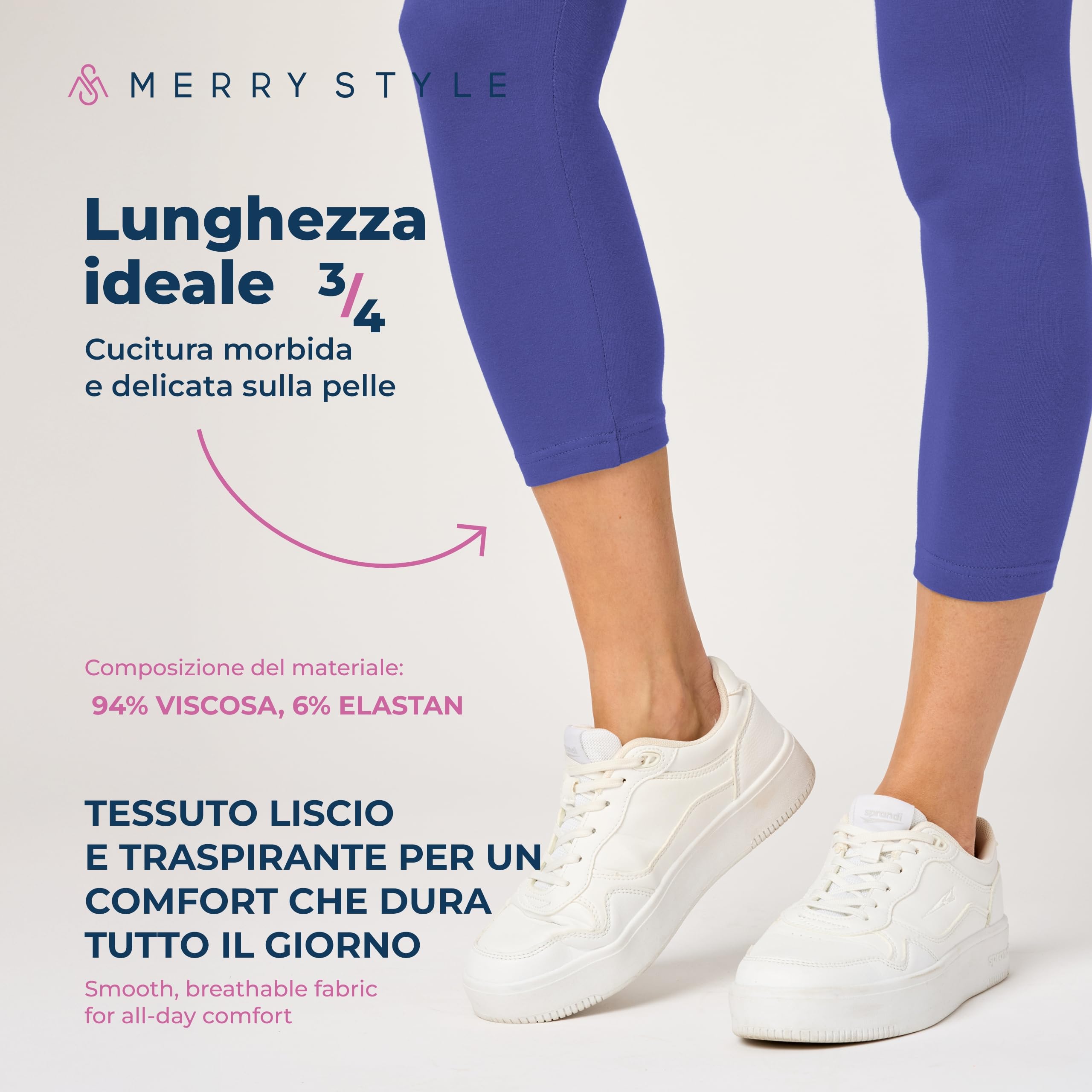 Merry Style Leggings Donna 3/4 Pantaloni Capri Morbidi e Confortevoli Leggins Donna in Cotone Traspirante Elastici e Delicati sulla Pelle Sensibile MS10-199