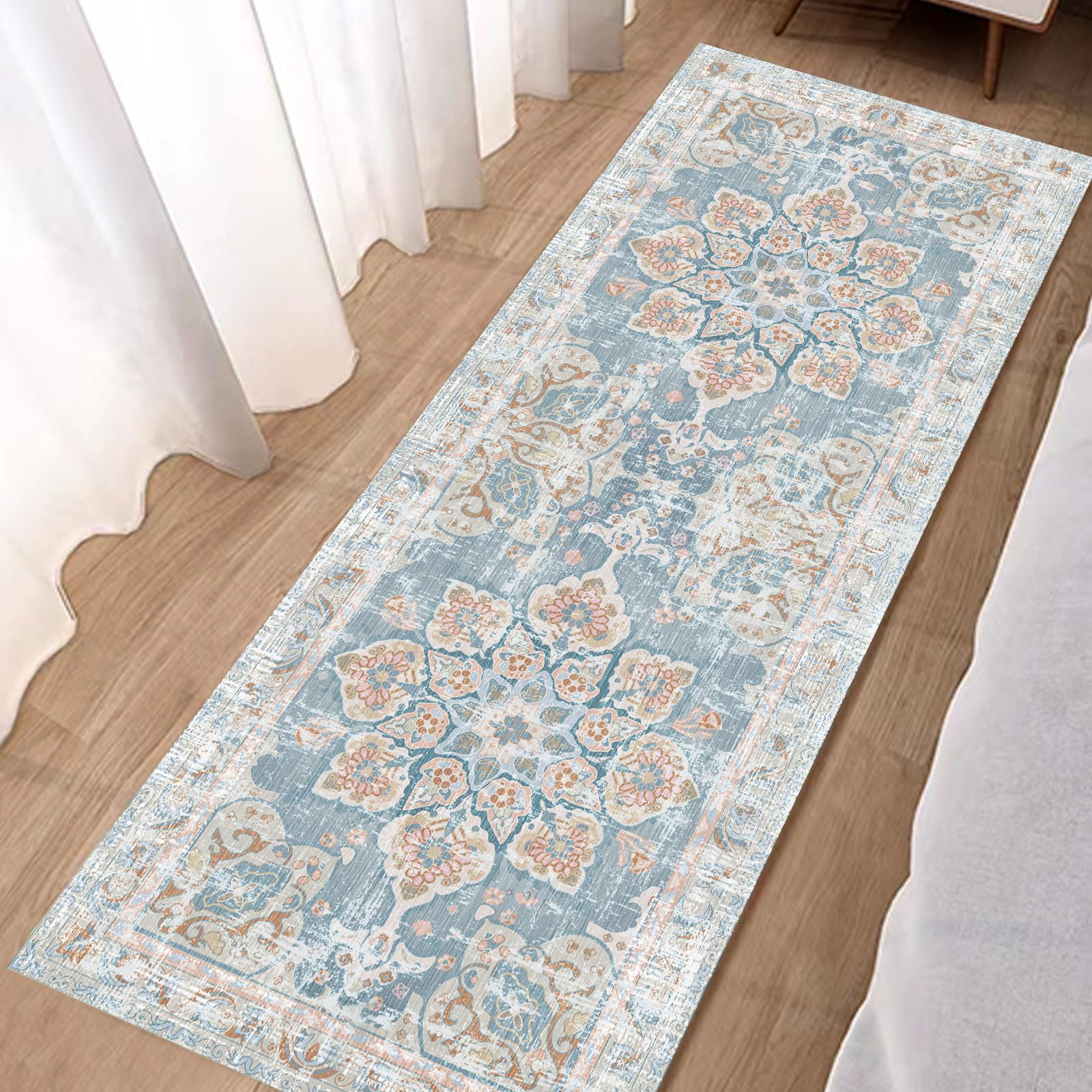 Vhong Washable Area Rugs Boho Vintage Neutral Modern Small Carpet Pale Blue 2x6 Non Slip Runners for Kitchen Laundry Bedroom Living Room