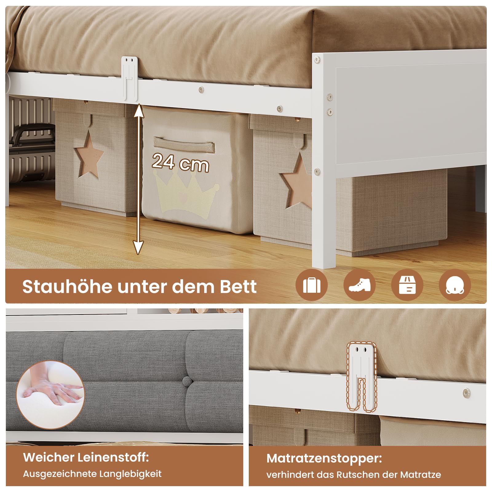 AOGLLATI Polsterbett Schlafsofa 140x200 mit 6 Staufächern Jugendbett 140x200 mit LED-Beleuchtung Tagesbett mit Steckdosen Gästebett Bettgestell mit Lattenrost aus Metall, Ohne Matratze (Weiß)