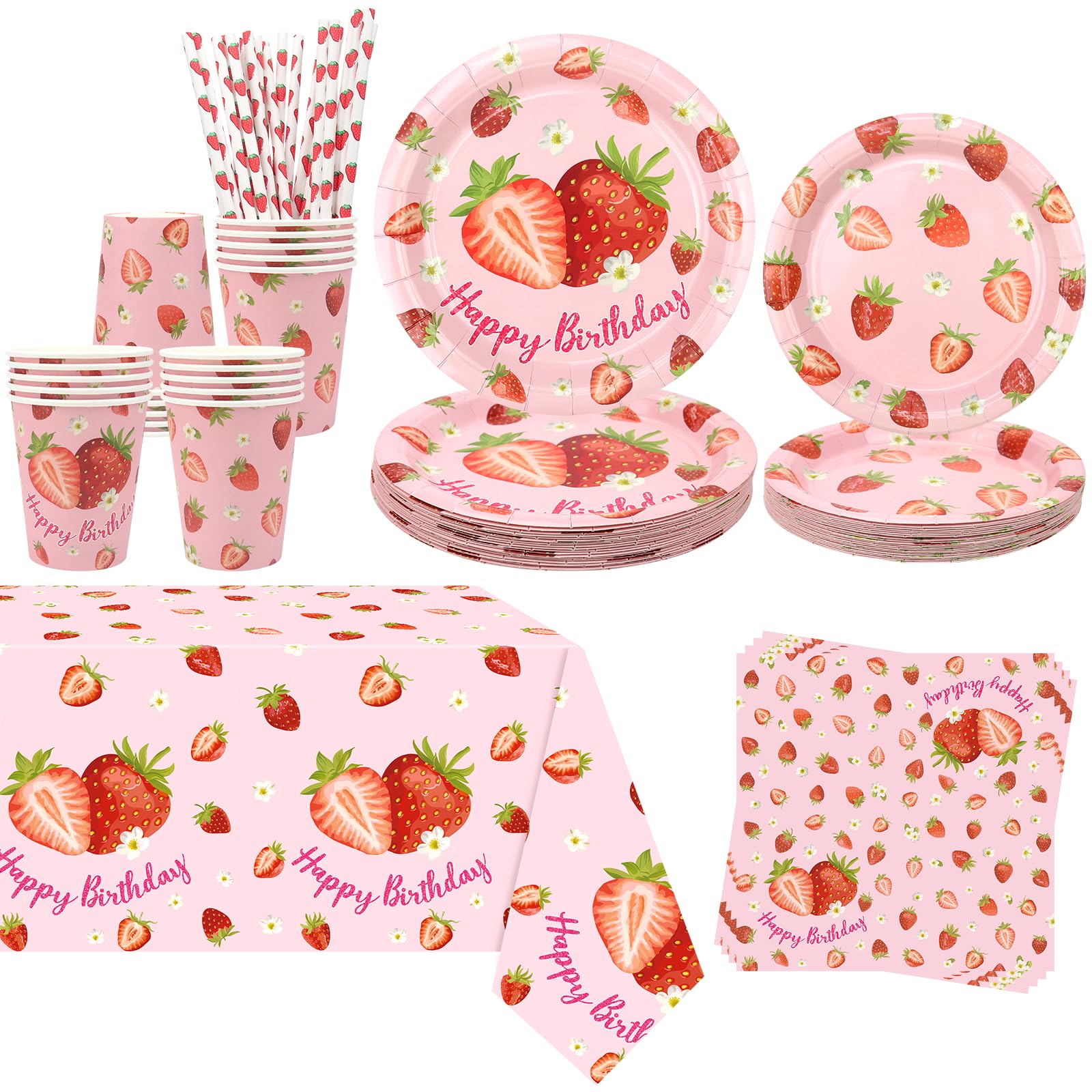 KEFAN Strawberry Birthday Party Decorations, Strawberry Theme Party Tableware Supplies including Plates, Cups, Napkins, Tablecloth (20)