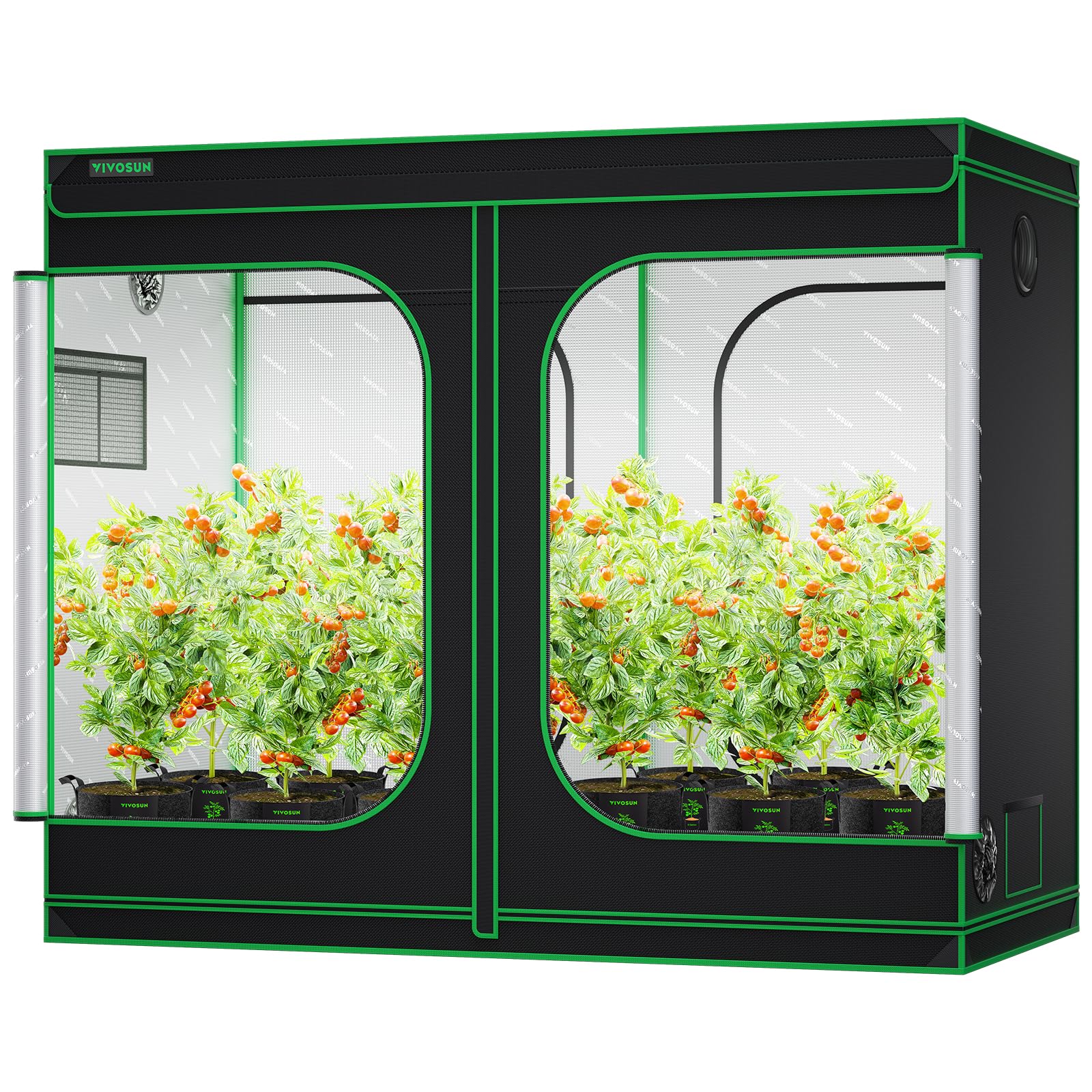 Interior view of the VIVOSUN grow tent showing 100% reflective diamond Mylar lining and plants.
