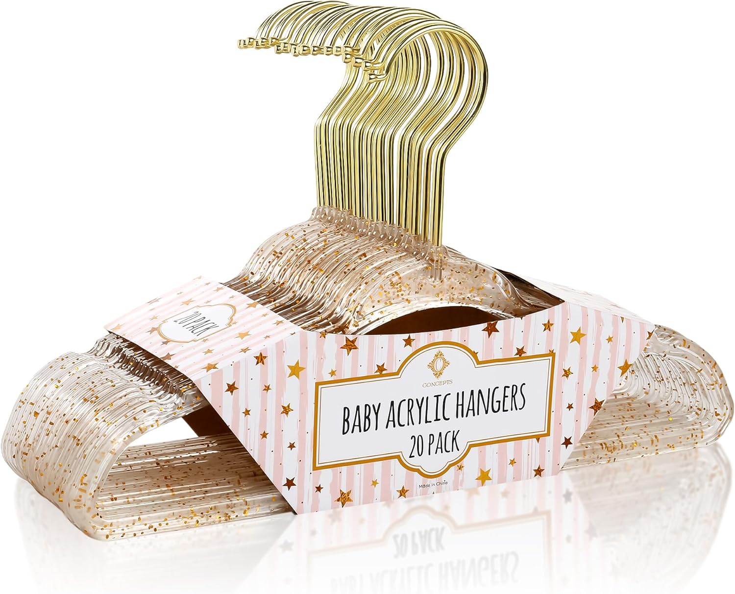 Concepts 20 Pack Premium Heavy Duty Gold Glitter Acrylic Kids Hangers, Elegant for Baby Nursery Space-Saving Non-Slip Clothes Hangers with Gold Hook
