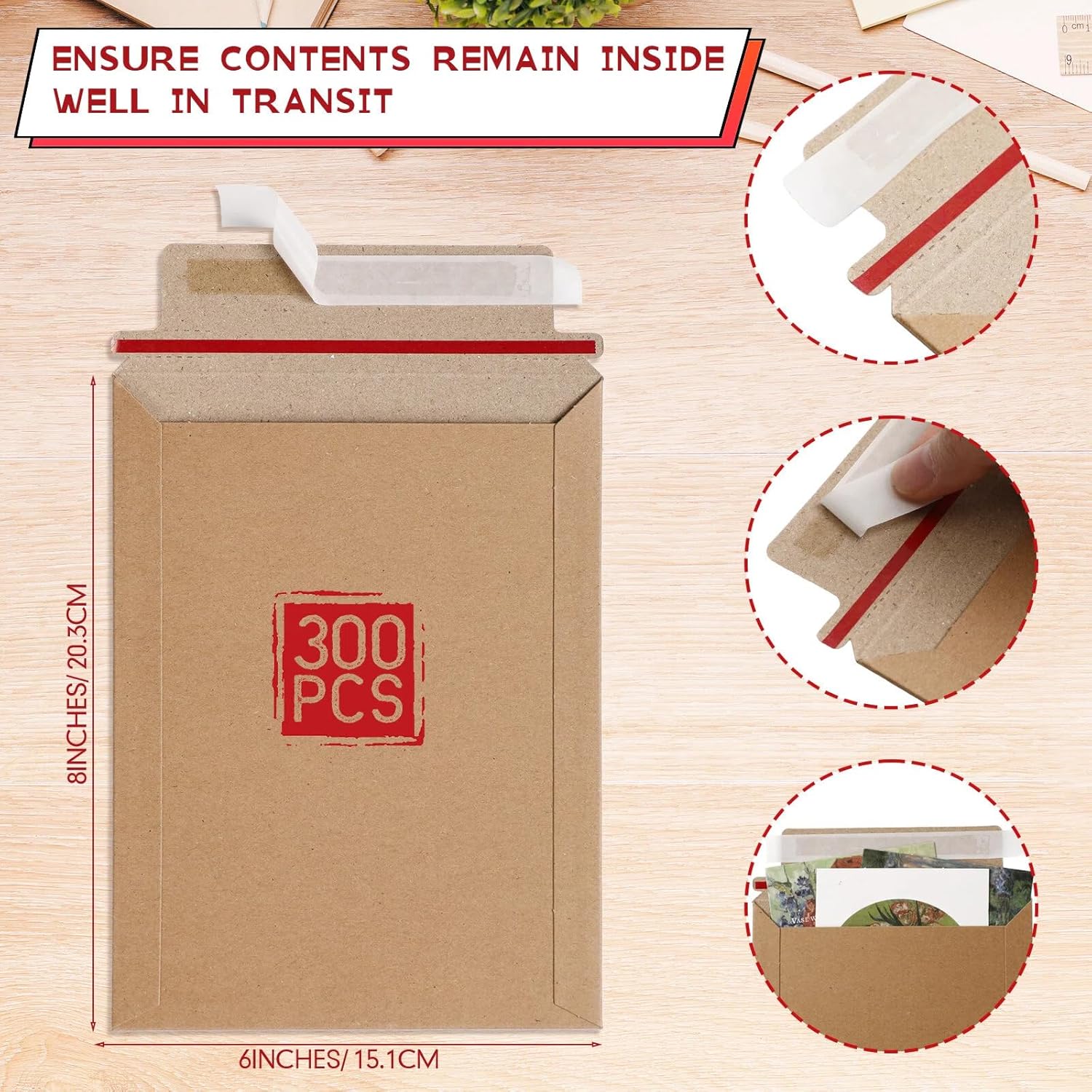 Fainne 300 Pack 6 x 8 Inch Rigid Mailers Self Adhesive Seal Photo Document Mailers 250gsm Keep Flat Kraft Photography Cardboard Envelopes for Shipping Cd, Photo, Gift Card, Document, Paper - Image 2