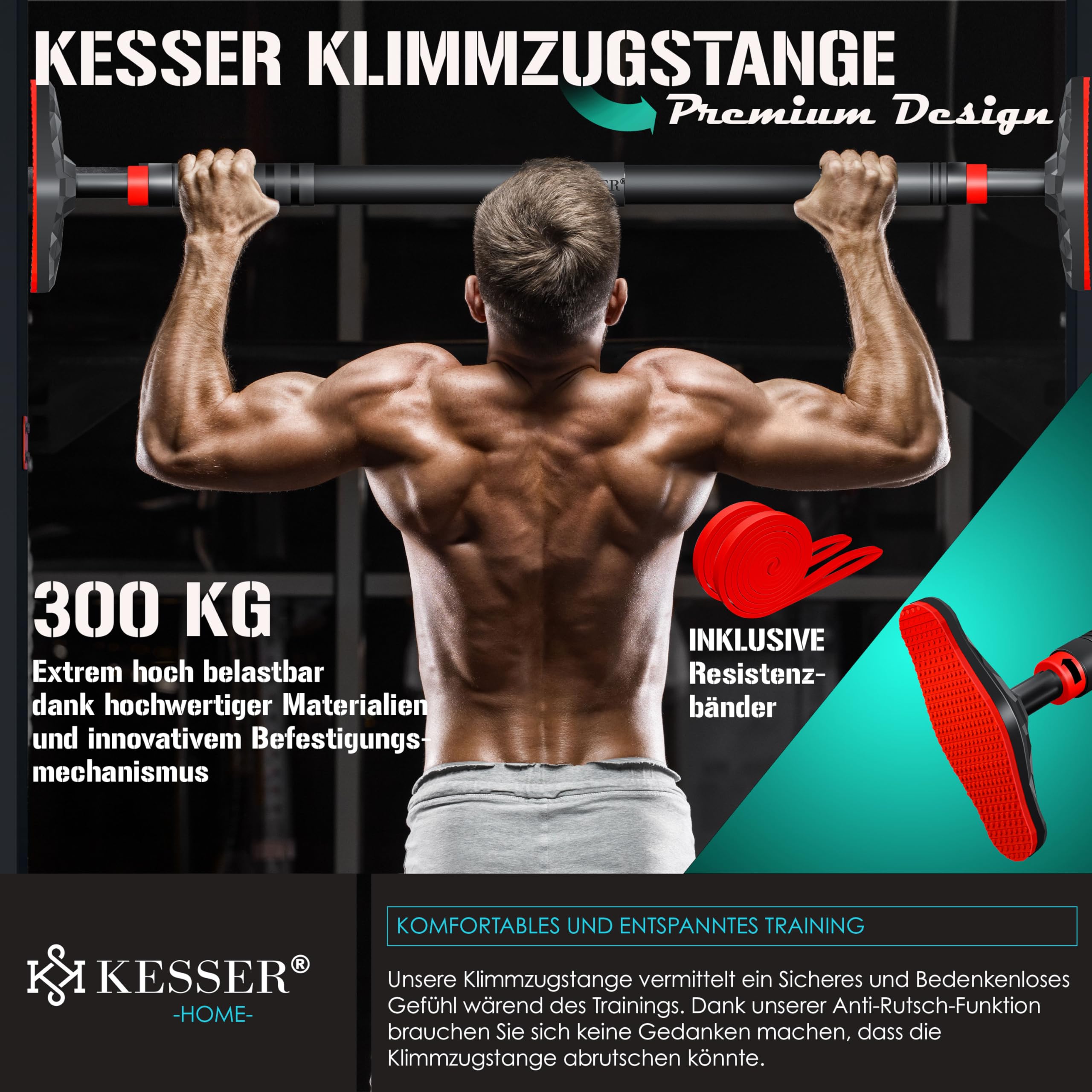 KESSER® Barra di sollevamento regolabile nel Telaio della Porta, senza viti/trapani, Estensibile da 68 a 106 cm, fino a 300 kg, Impugnature antiscivolo, incluse Bande di resistenza