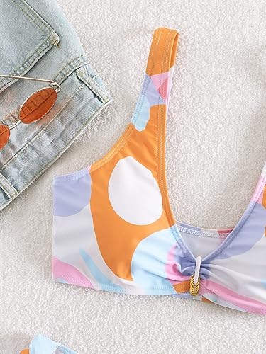 Miniatura 6 de OYOANGLE Traje de baño de 2 piezas para mujer con lazo lateral cuello en V fruncido