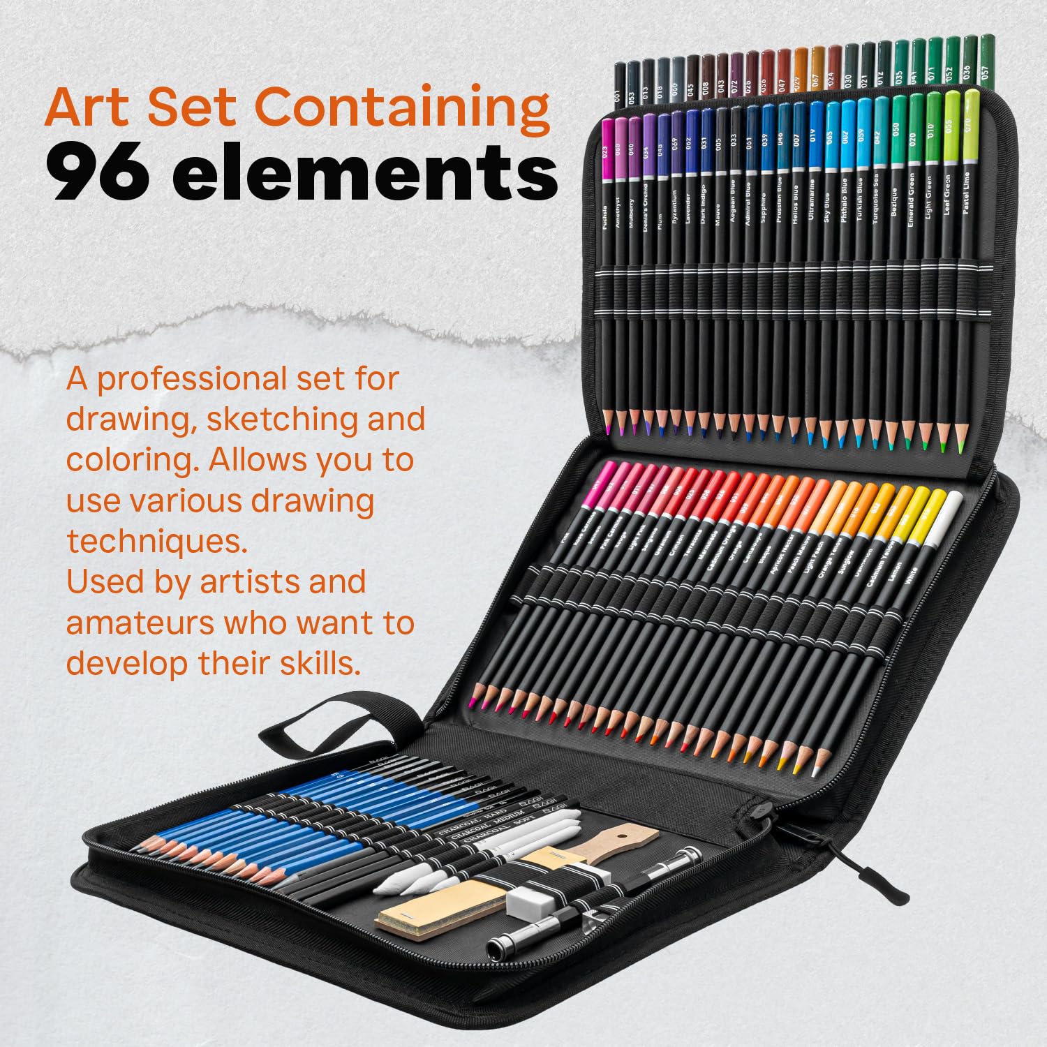 Ensemble de crayons et crayons professionnels - 96 pièces - Outils de dessin et de croquis pour adultes - Trousse noire avec accessoires de qualité supérieure, crayons crayon avec beaucoup de pigment