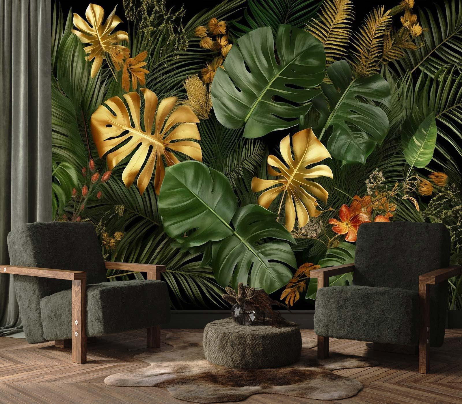 Amazon.com: Jdayda Gold and Green Monstera Leaf Wallpaper Tropical Jungle  Banana Leaves Wall Mural for Living Room Bedroom (Not Self-Adhesive) :  Tools & Home Improvement
